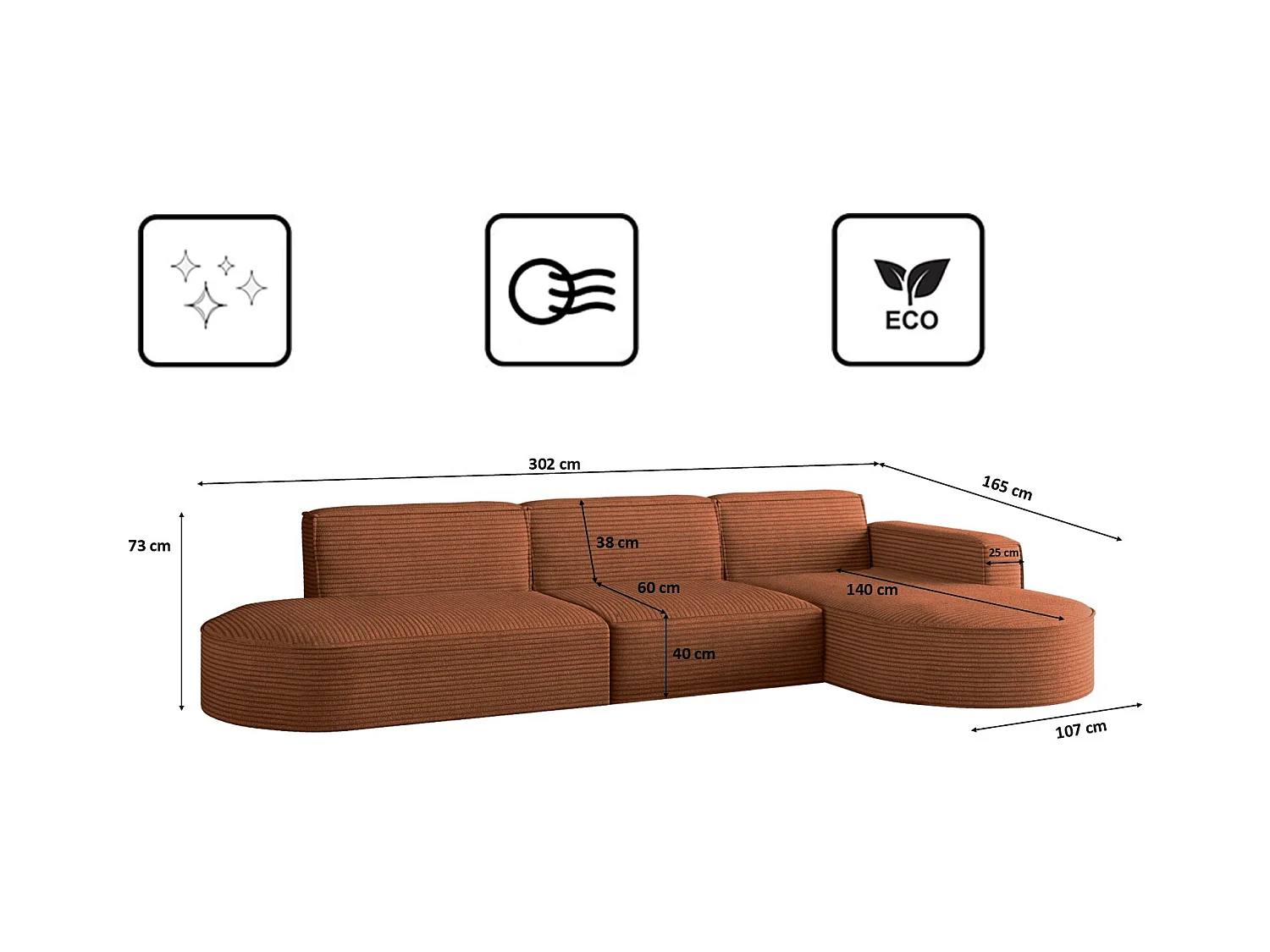 Canapé d'angle Modena en L, tissu Poso, cuivre, droit