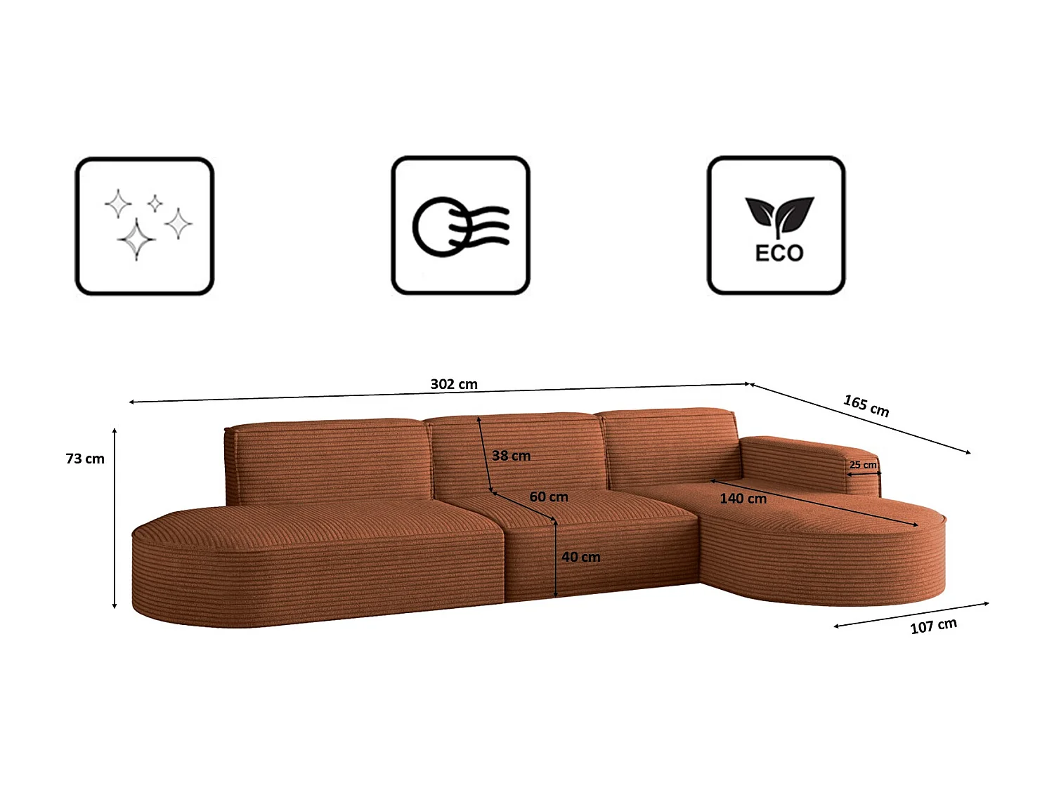 Canapé d'angle Modena en L, tissu Poso, cuivre, droit