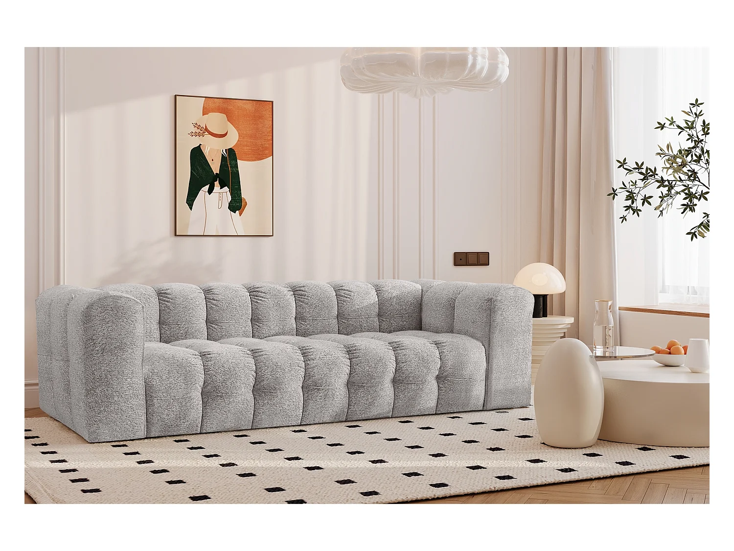 Sofa 4-Sitzer, Komfort Couch BALOO, stoff Schenille & Bouclé, Hellgrau
