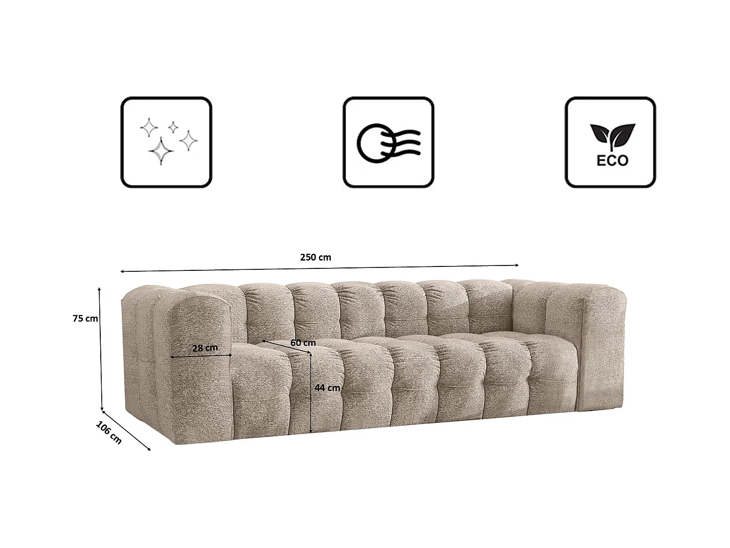 Sofa 4-Sitzer, Komfort Couch BALOO, stoff Schenille & Bouclé, Beige