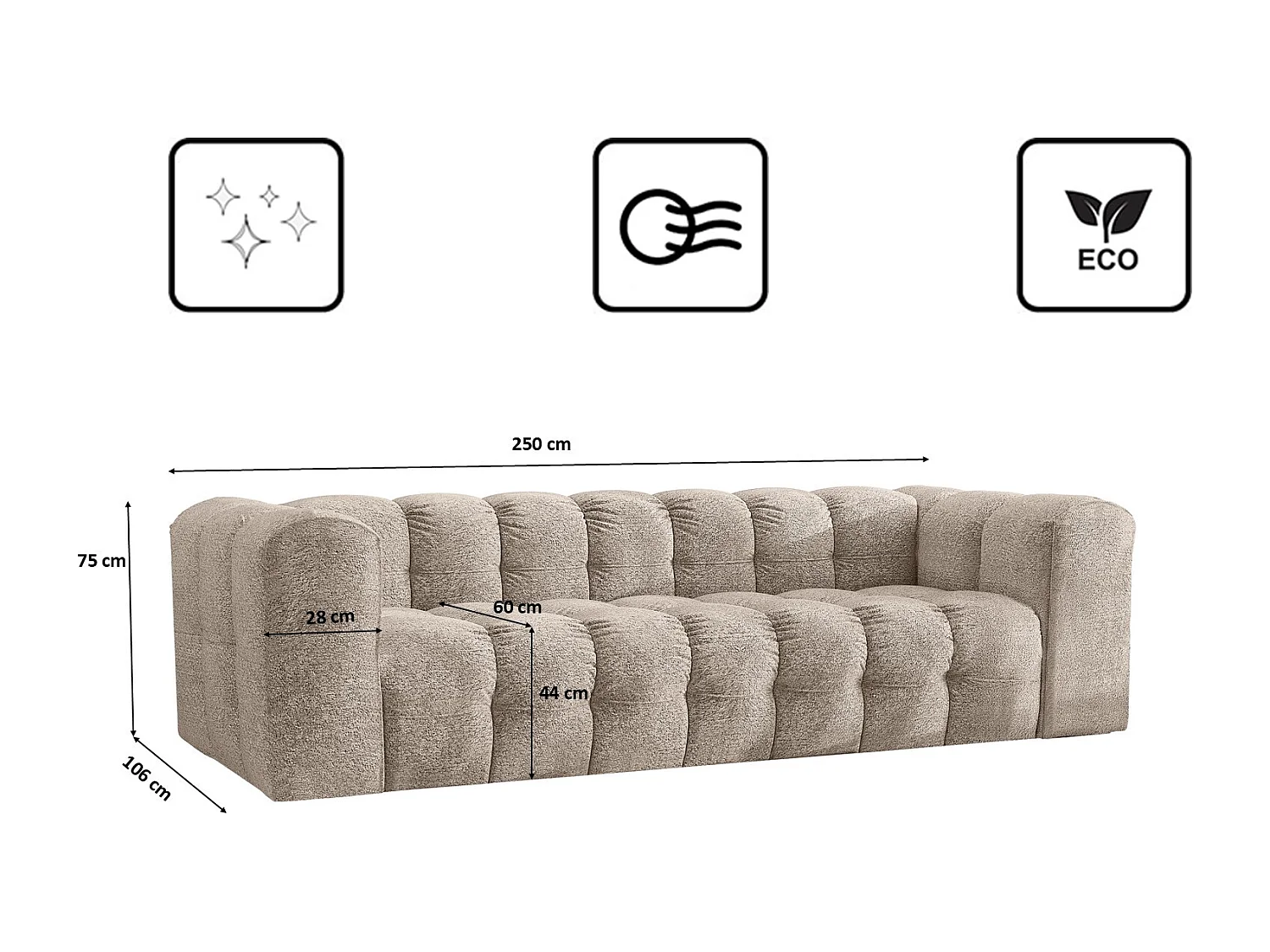 Sofa 4-Sitzer, Komfort Couch BALOO, stoff Schenille & Bouclé, Beige