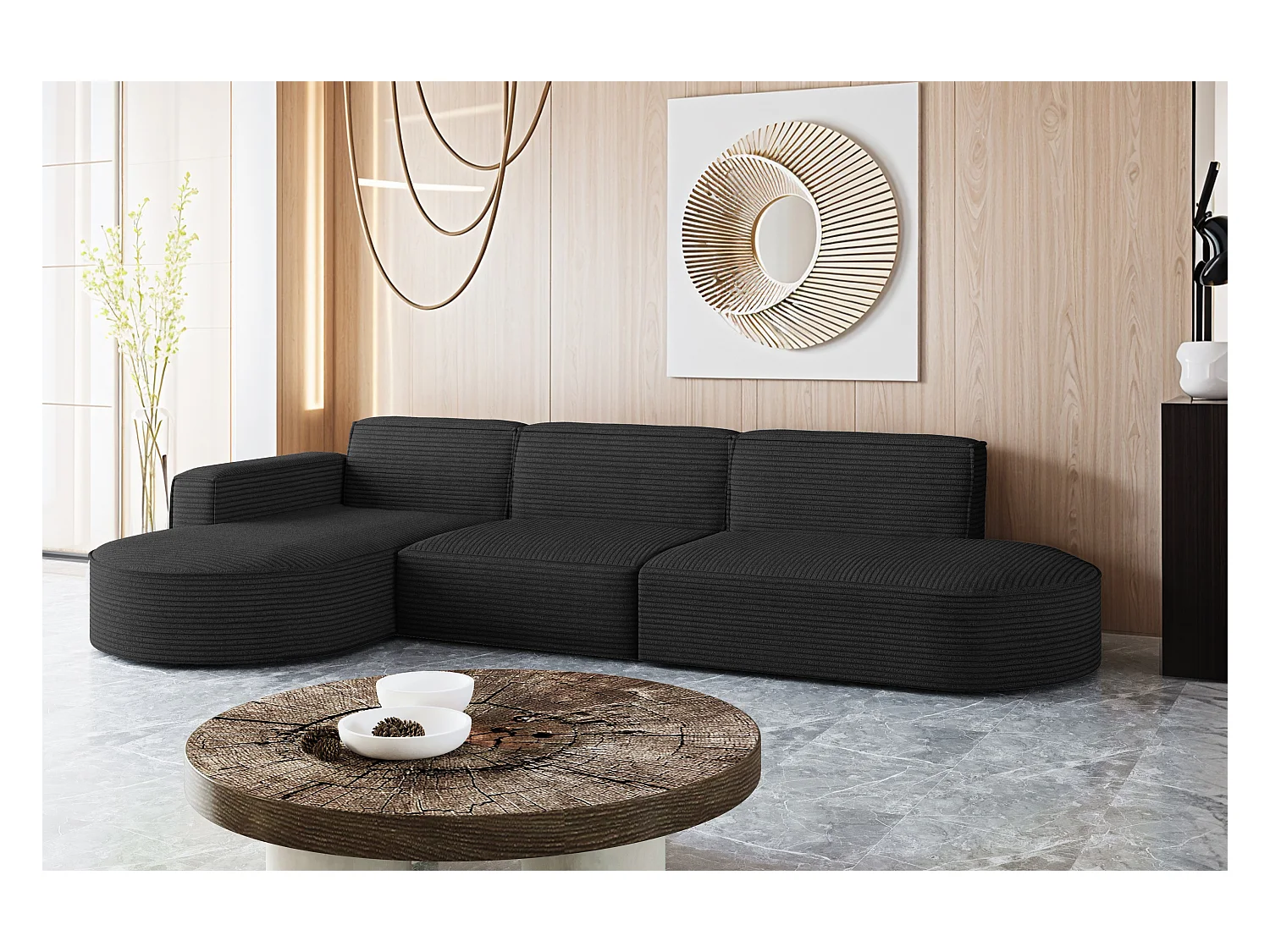 Canapé d'angle Modena en L, tissu Poso, noir, gauche