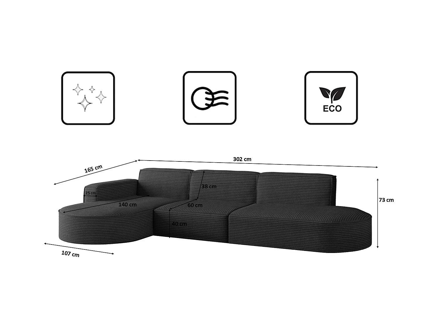 Canapé d'angle Modena en L, tissu Poso, noir, gauche