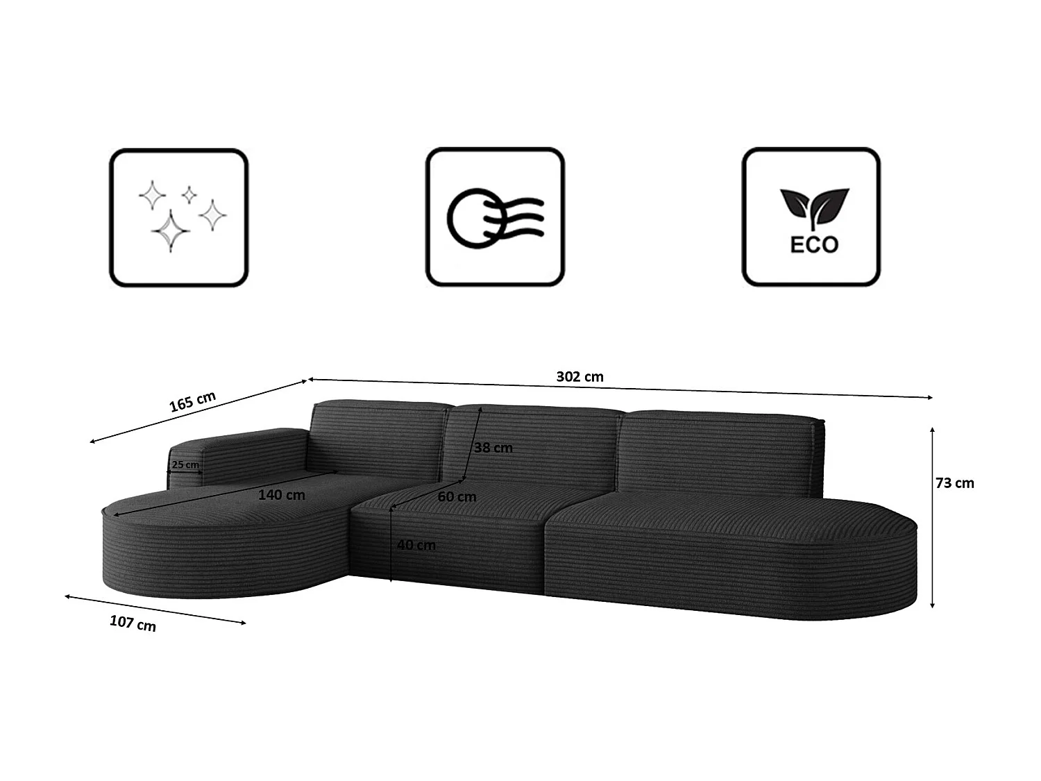 Canapé d'angle Modena en L, tissu Poso, noir, gauche