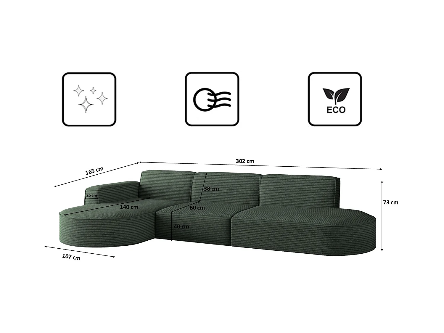 Canapé d'angle Modena en L, tissu Poso, vert, gauche