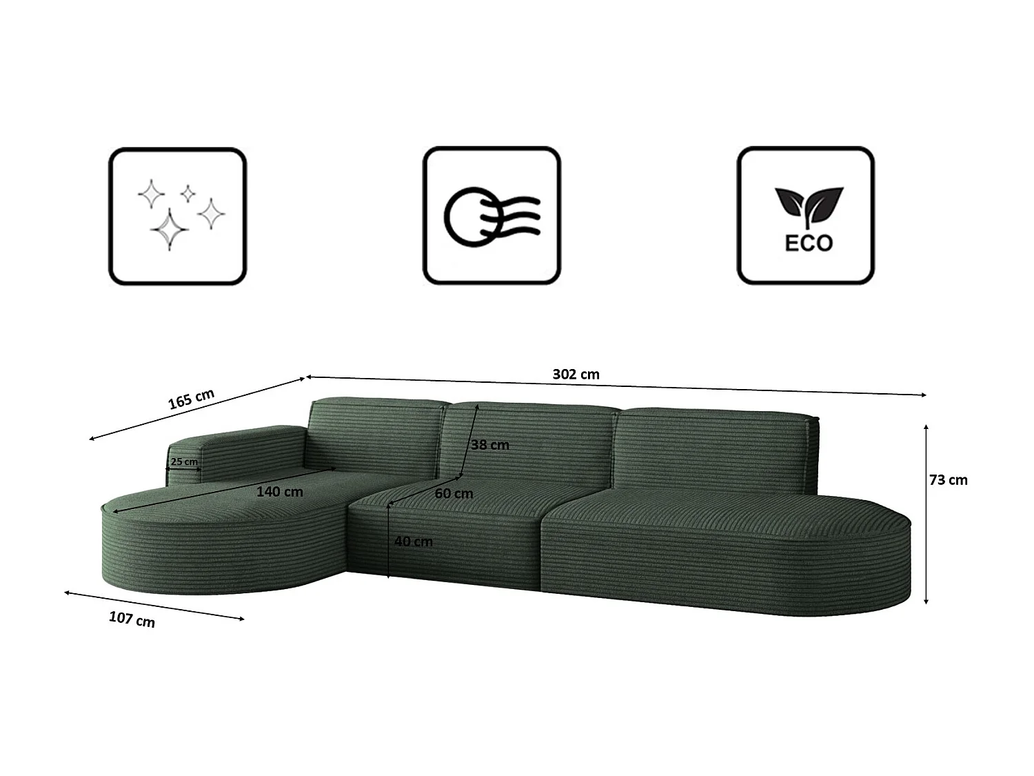 Canapé d'angle Modena en L, tissu Poso, vert, gauche