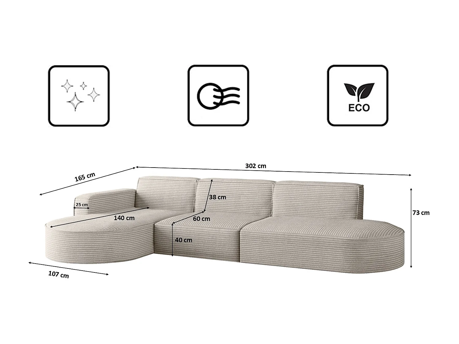 Canapé d'angle Modena en L, tissu Poso, beige, gauche