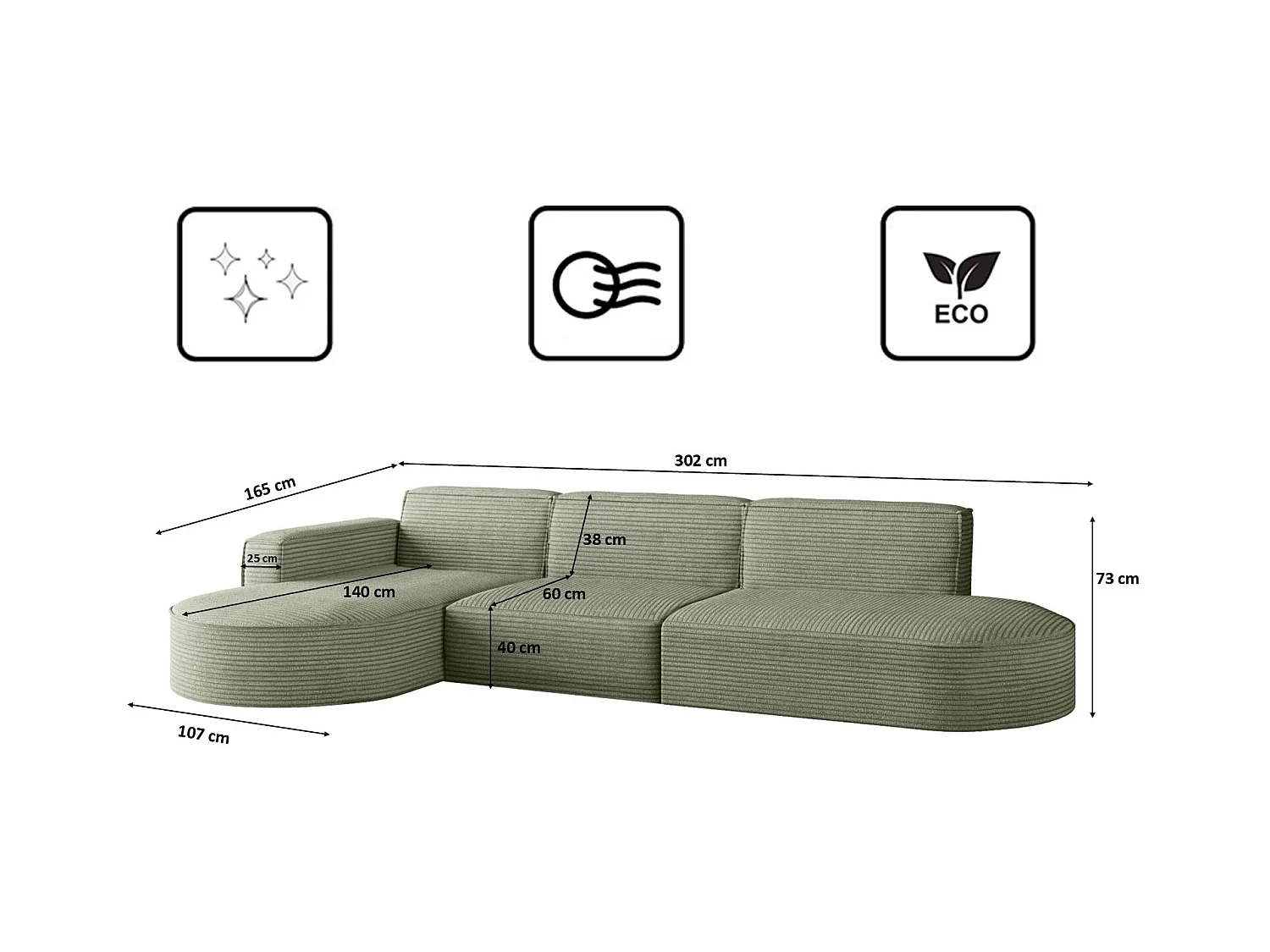 Canapé d'angle Modena en L, tissu Poso, vert clair, gauche