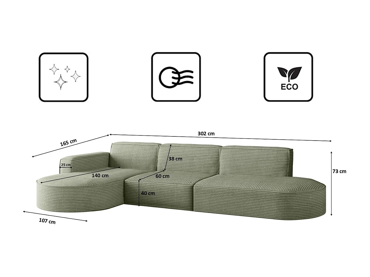 Canapé d'angle Modena en L, tissu Poso, vert clair, gauche