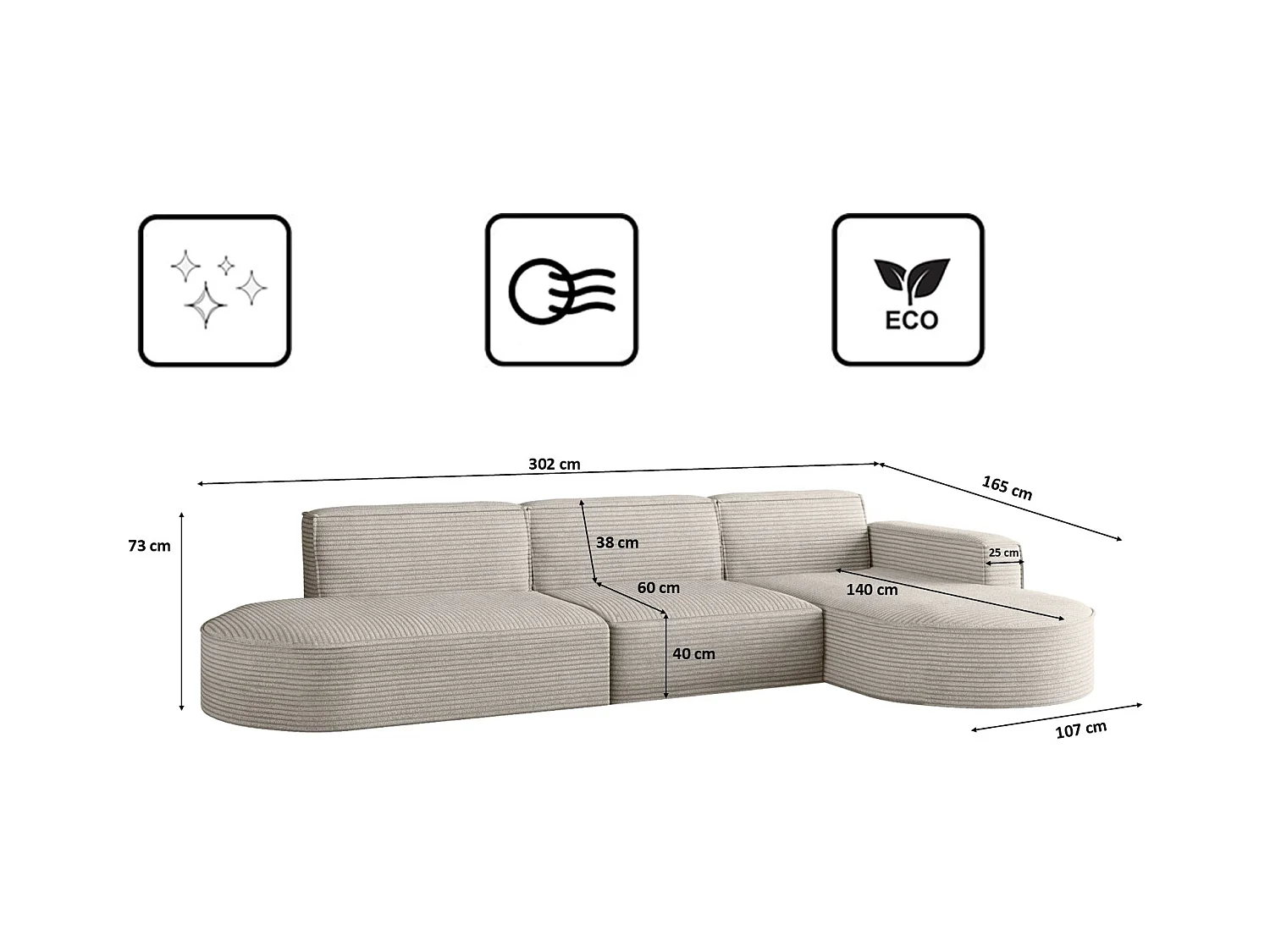 Canapé d'angle Modena en L, tissu Poso, beige, droit