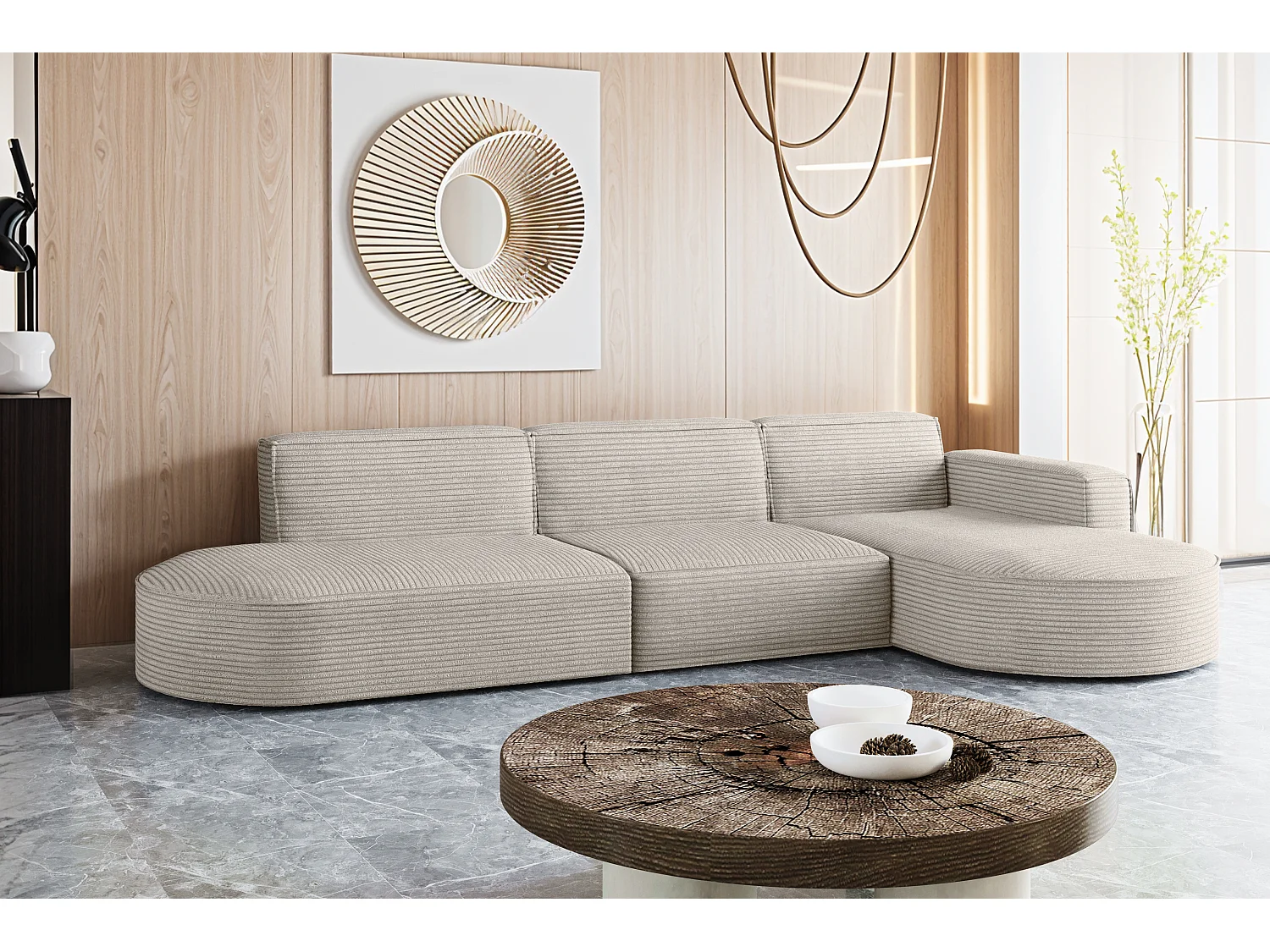 Canapé d'angle Modena en L, tissu Poso, beige, droit