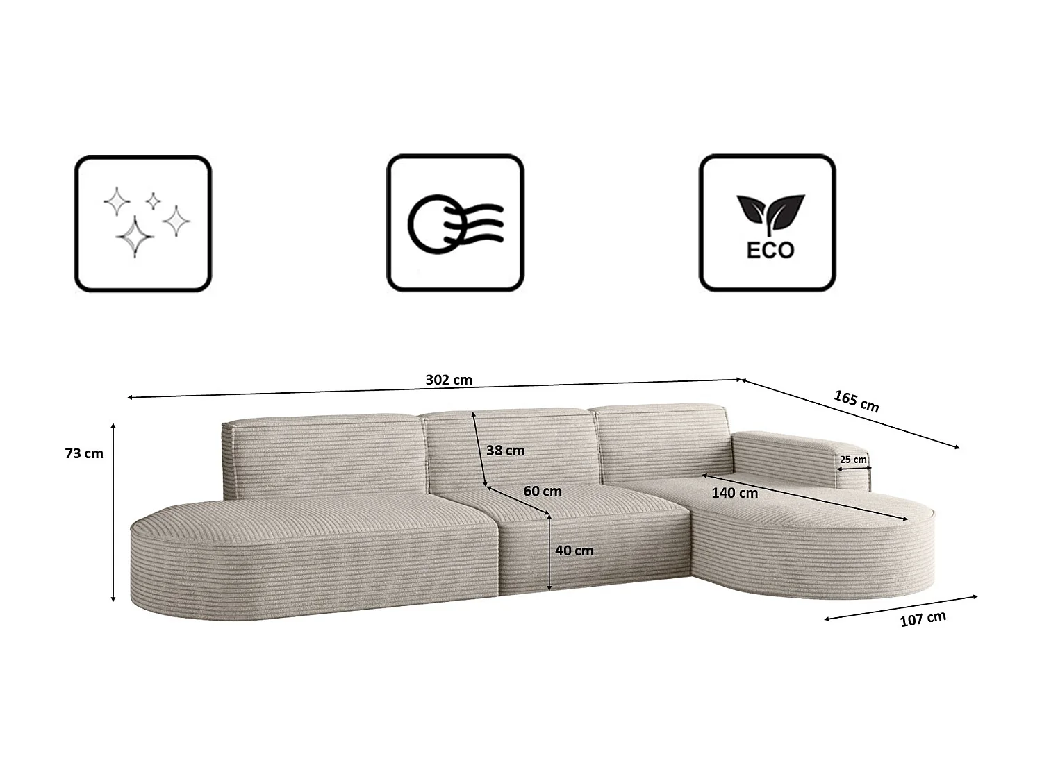 Canapé d'angle Modena en L, tissu Poso, beige, droit