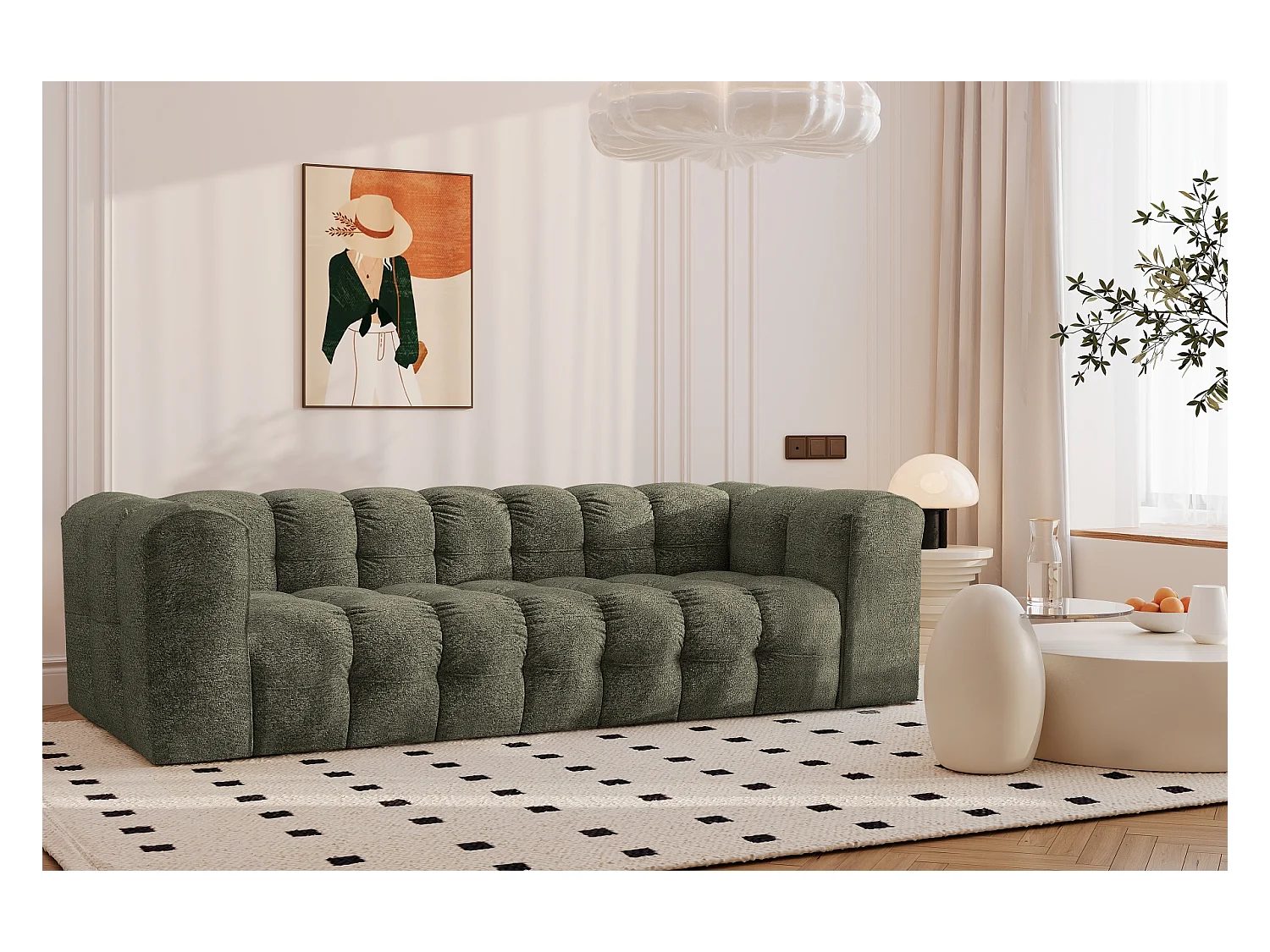 Sofa 4-Sitzer, Komfort Couch BALOO, stoff Schenille & Bouclé, Grün