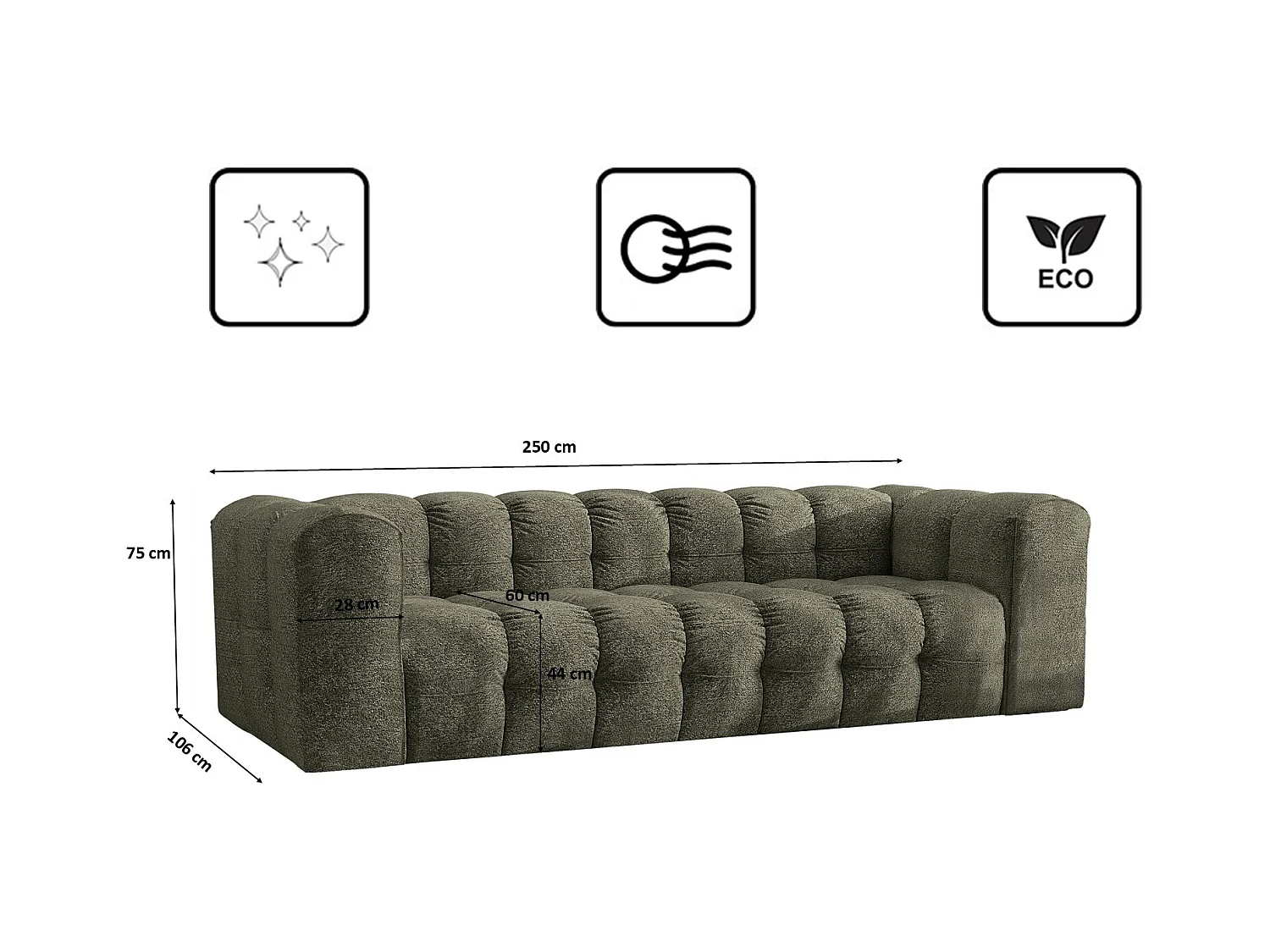 Sofa 4-Sitzer, Komfort Couch BALOO, stoff Schenille & Bouclé, Grün