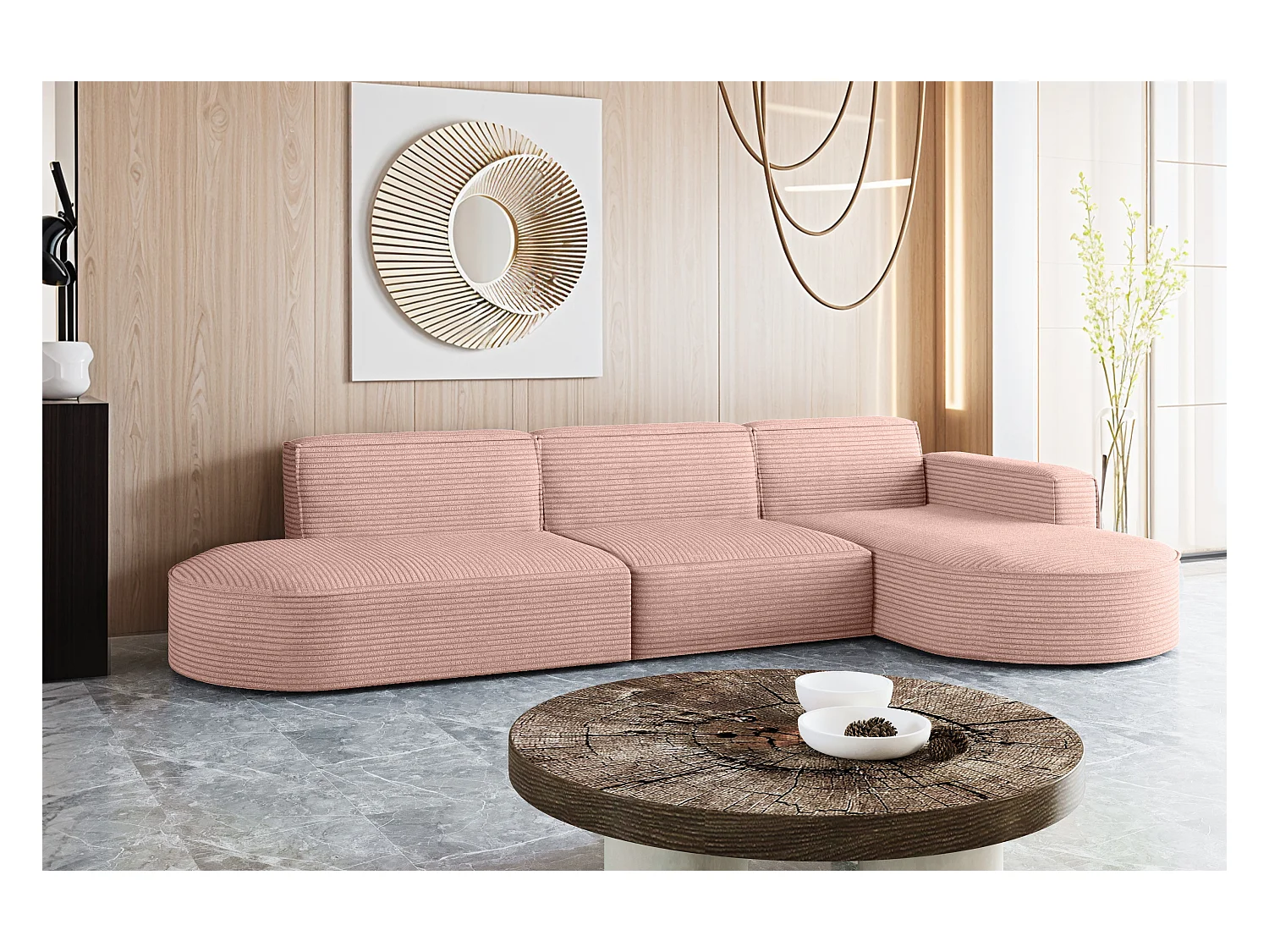 Canapé d'angle Modena en L, tissu Poso, rose, droit