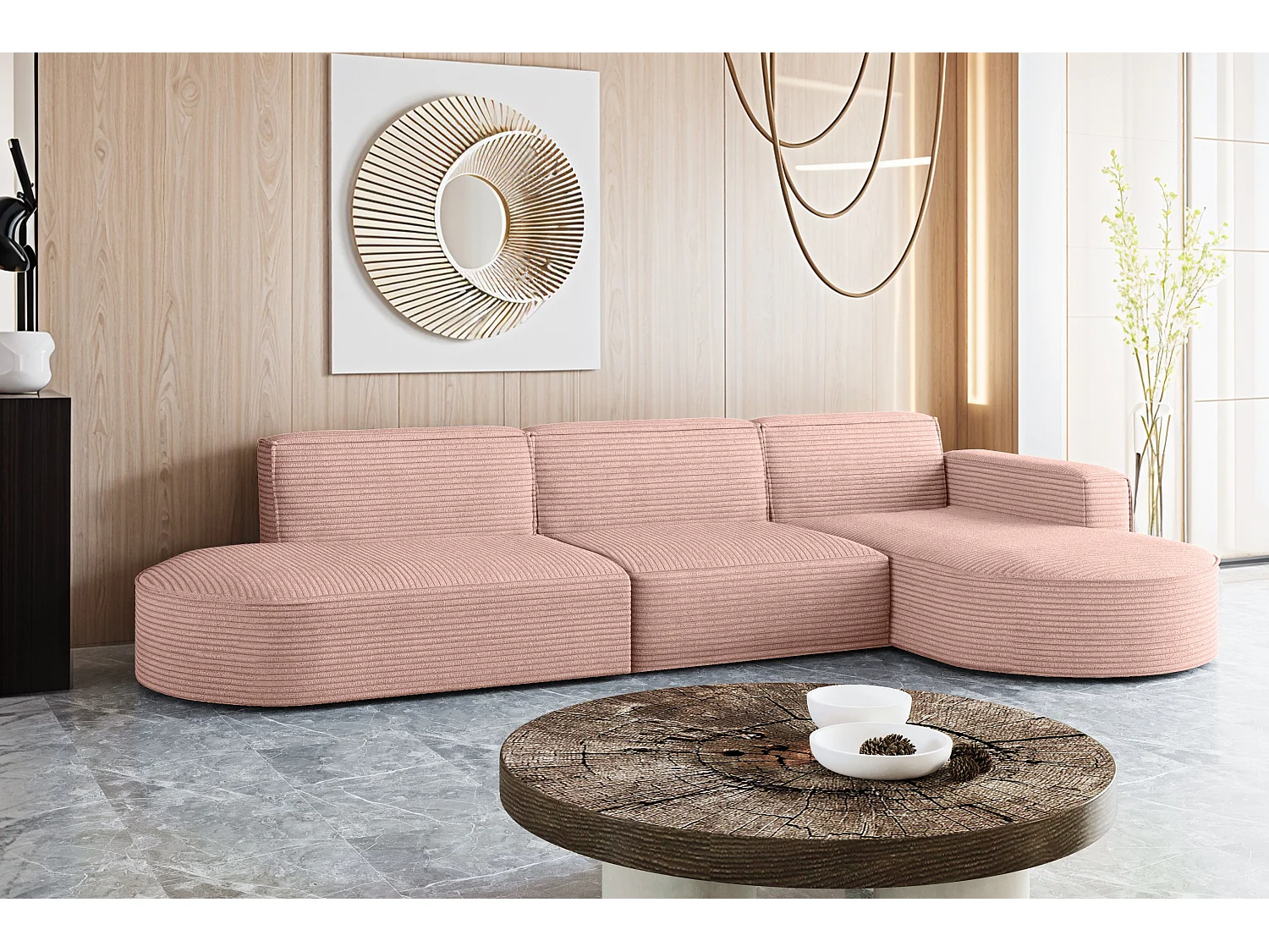 Canapé d'angle Modena en L, tissu Poso, rose, droit