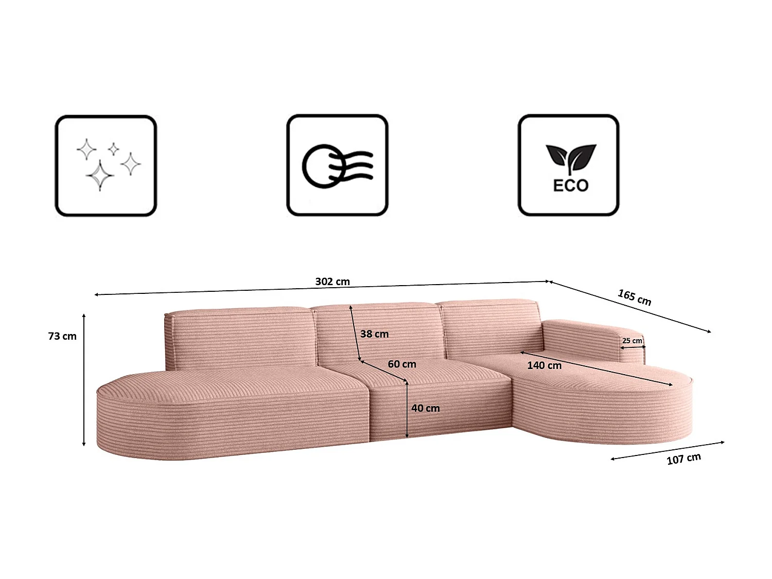 Canapé d'angle Modena en L, tissu Poso, rose, droit