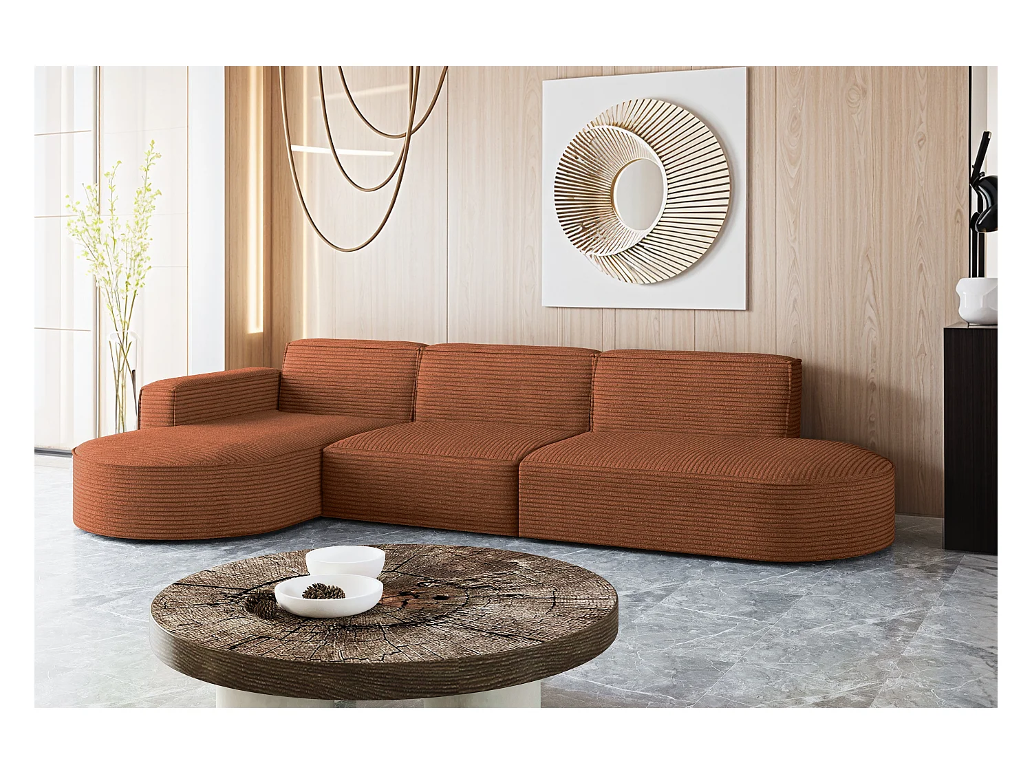 Canapé d'angle Modena en L, tissu Poso, cuivre, gauche