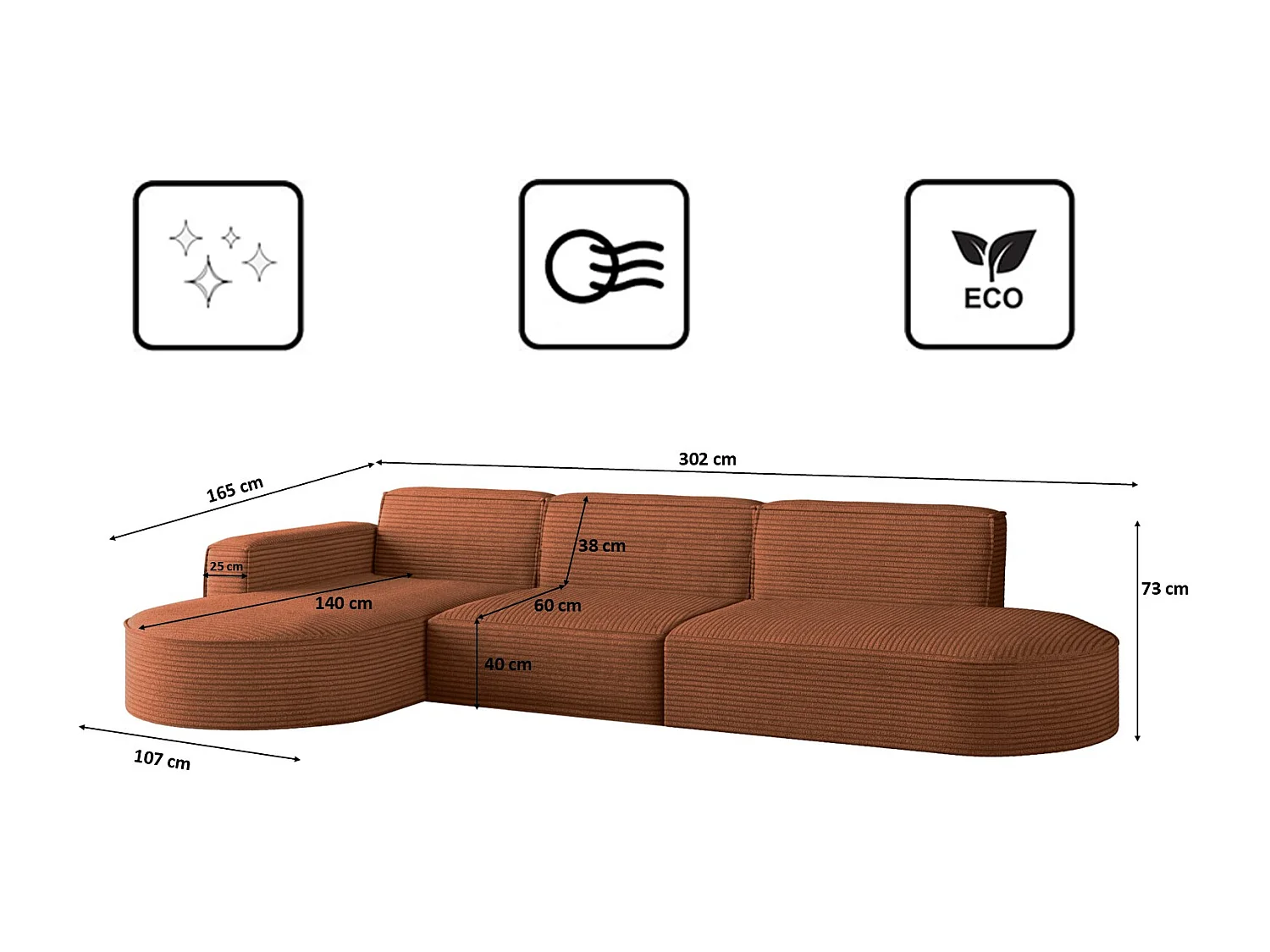 Canapé d'angle Modena en L, tissu Poso, cuivre, gauche