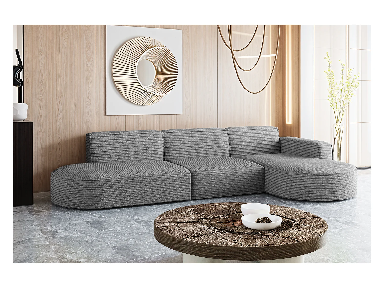 Canapé d'angle Modena en L, tissu Poso, gris, droit