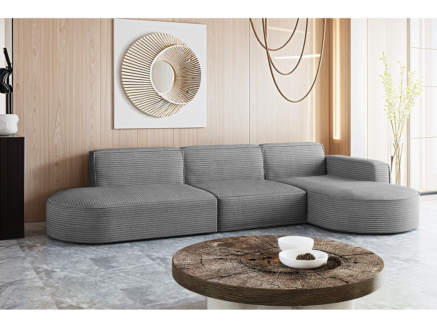 Canapé d'angle Modena en L, tissu Poso, gris, droit