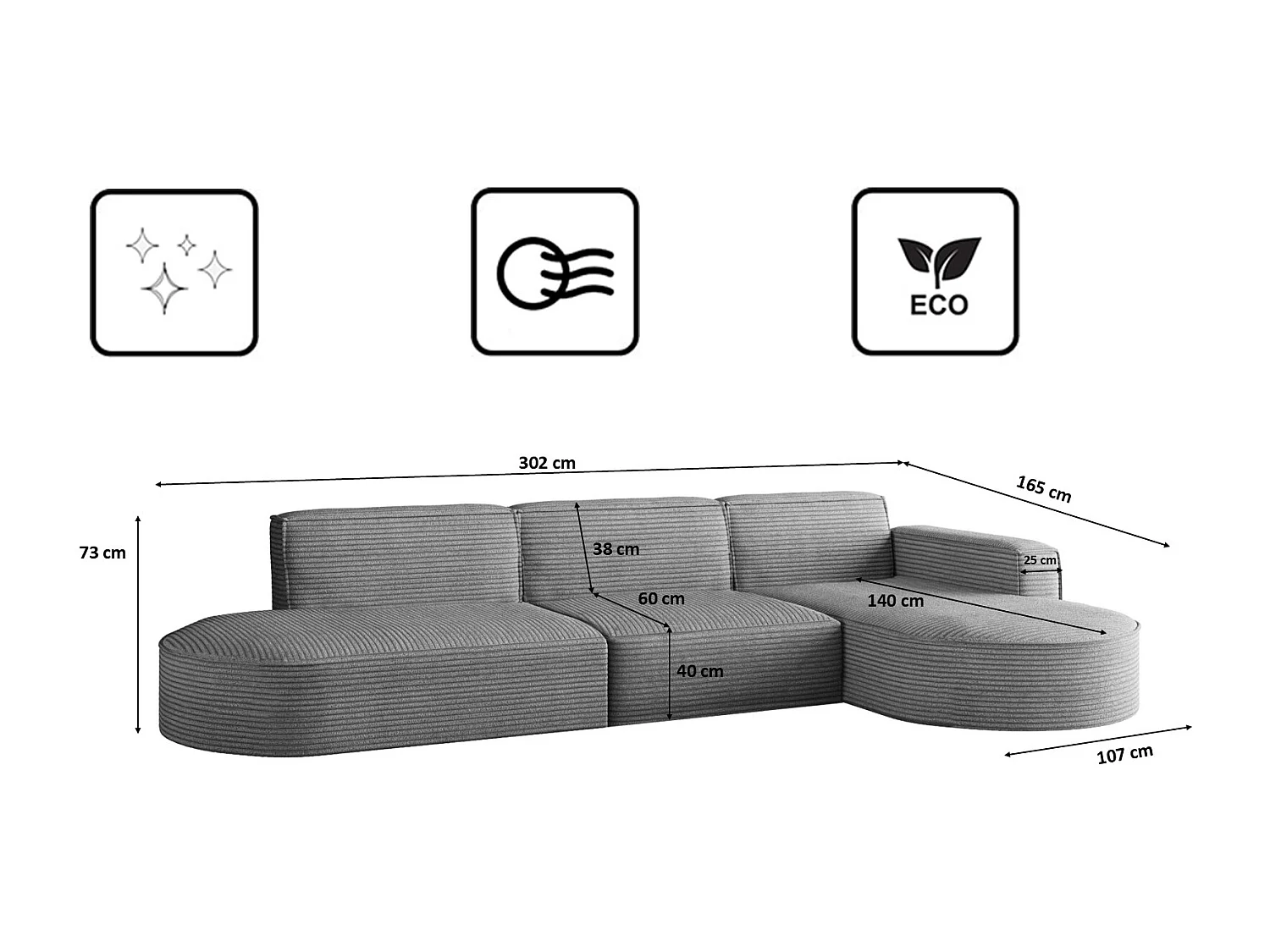 Canapé d'angle Modena en L, tissu Poso, gris, droit