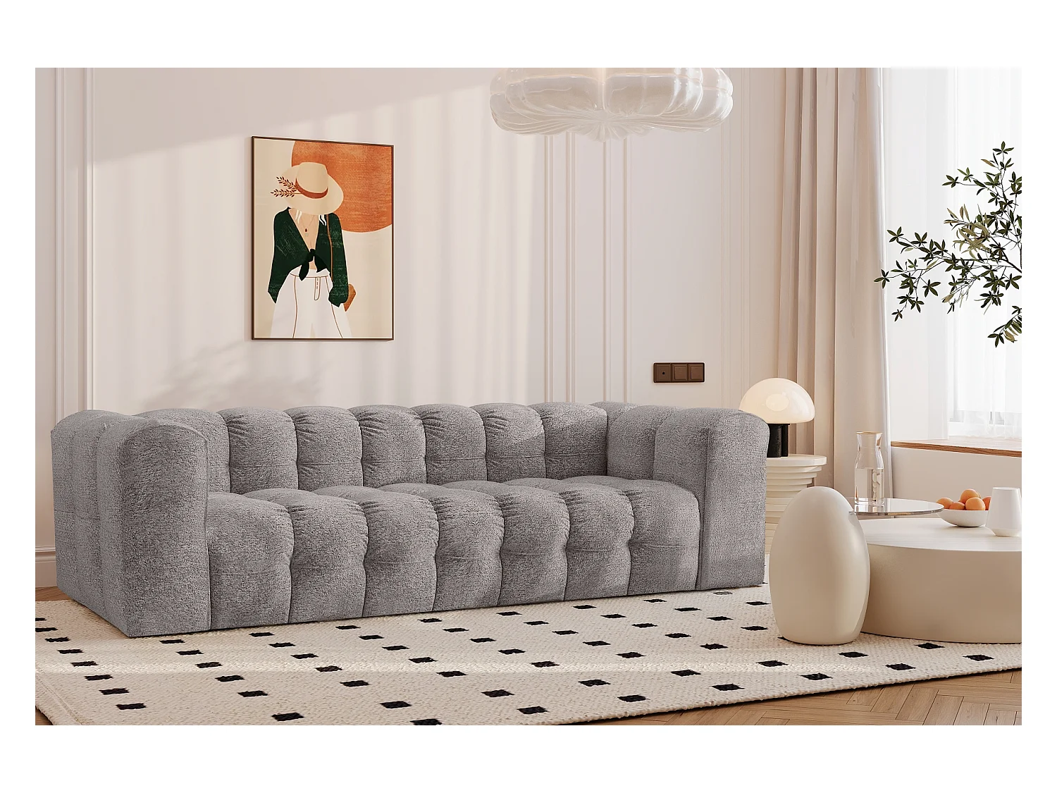 Sofa 4-Sitzer, Komfort Couch BALOO, stoff Schenille & Bouclé, Grau
