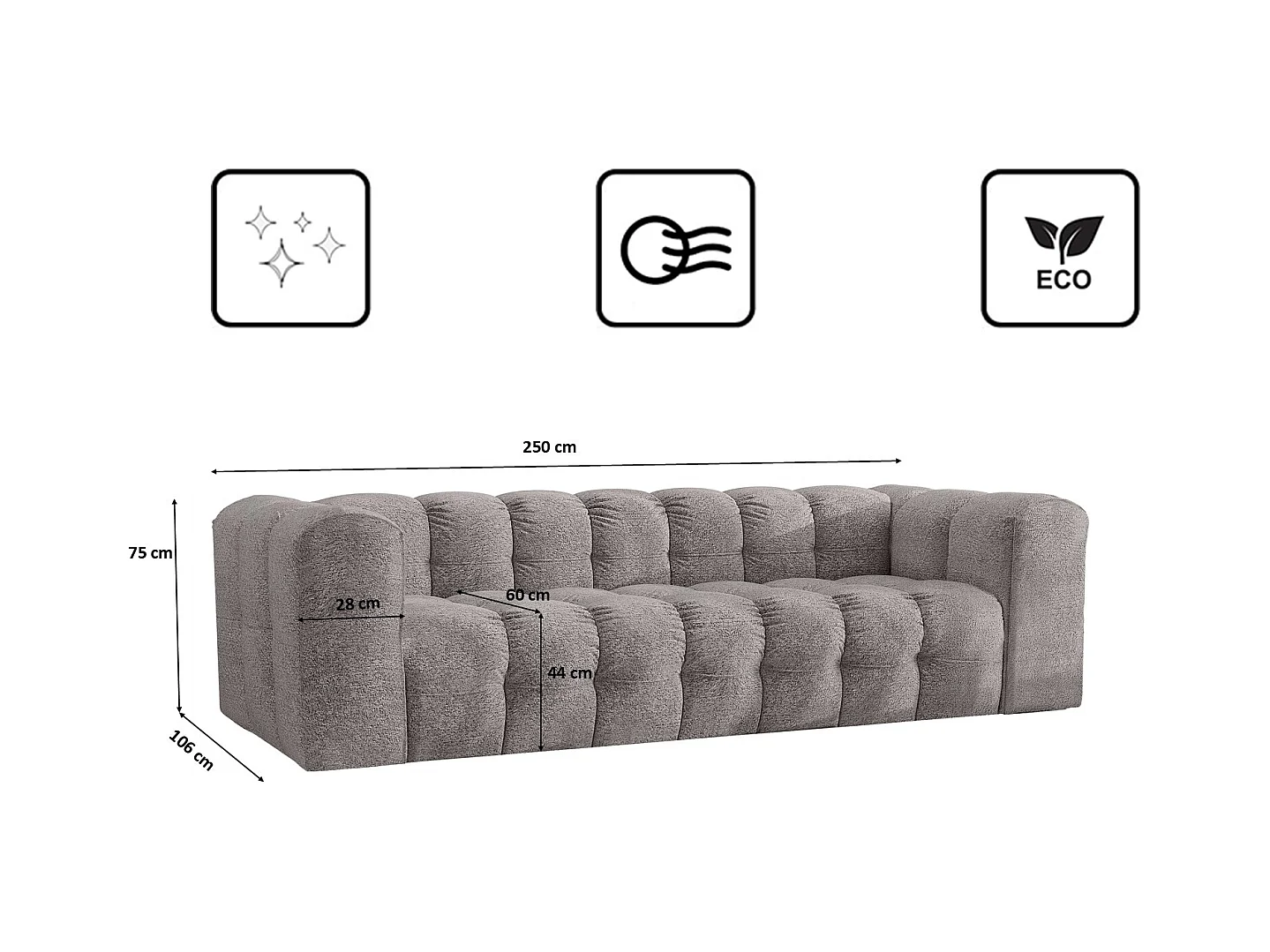 Sofa 4-Sitzer, Komfort Couch BALOO, stoff Schenille & Bouclé, Grau