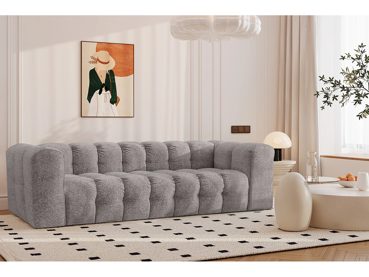 Sofa 4-Sitzer, Komfort Couch BALOO, stoff Schenille & Bouclé, Grau