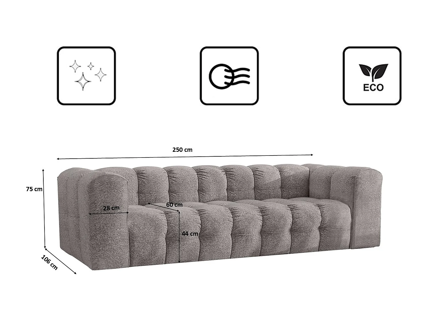 Sofa 4-Sitzer, Komfort Couch BALOO, stoff Schenille & Bouclé, Grau