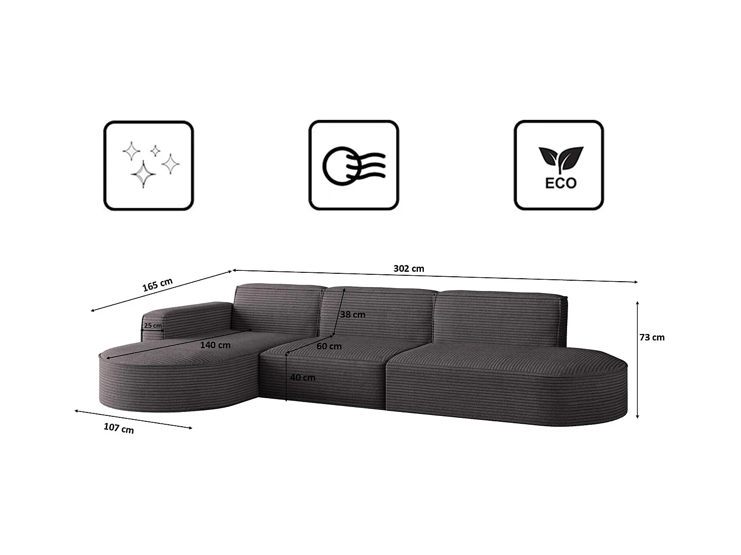 Canapé d'angle Modena en L, tissu Poso, gris foncé, gauche