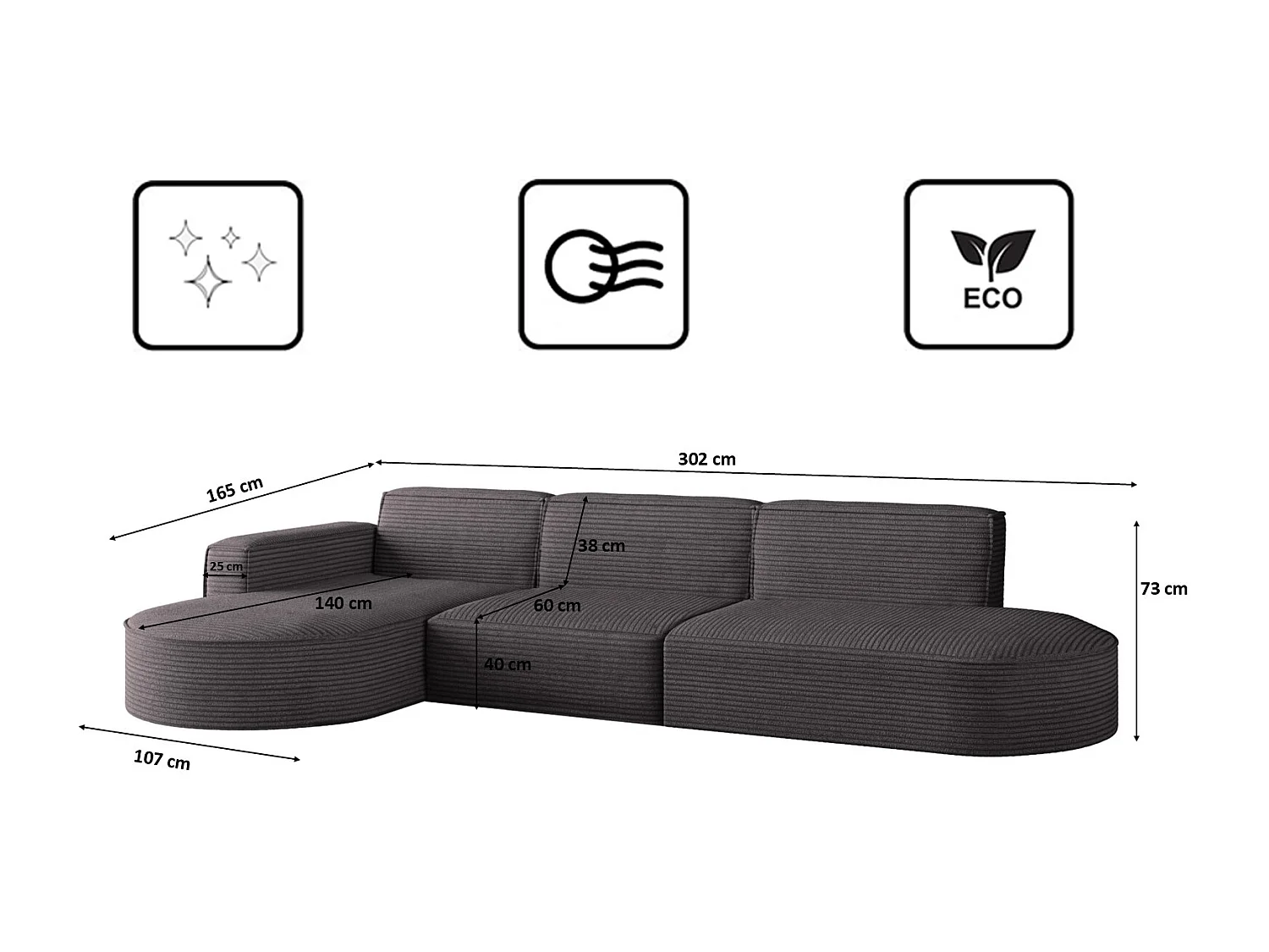 Canapé d'angle Modena en L, tissu Poso, gris foncé, gauche