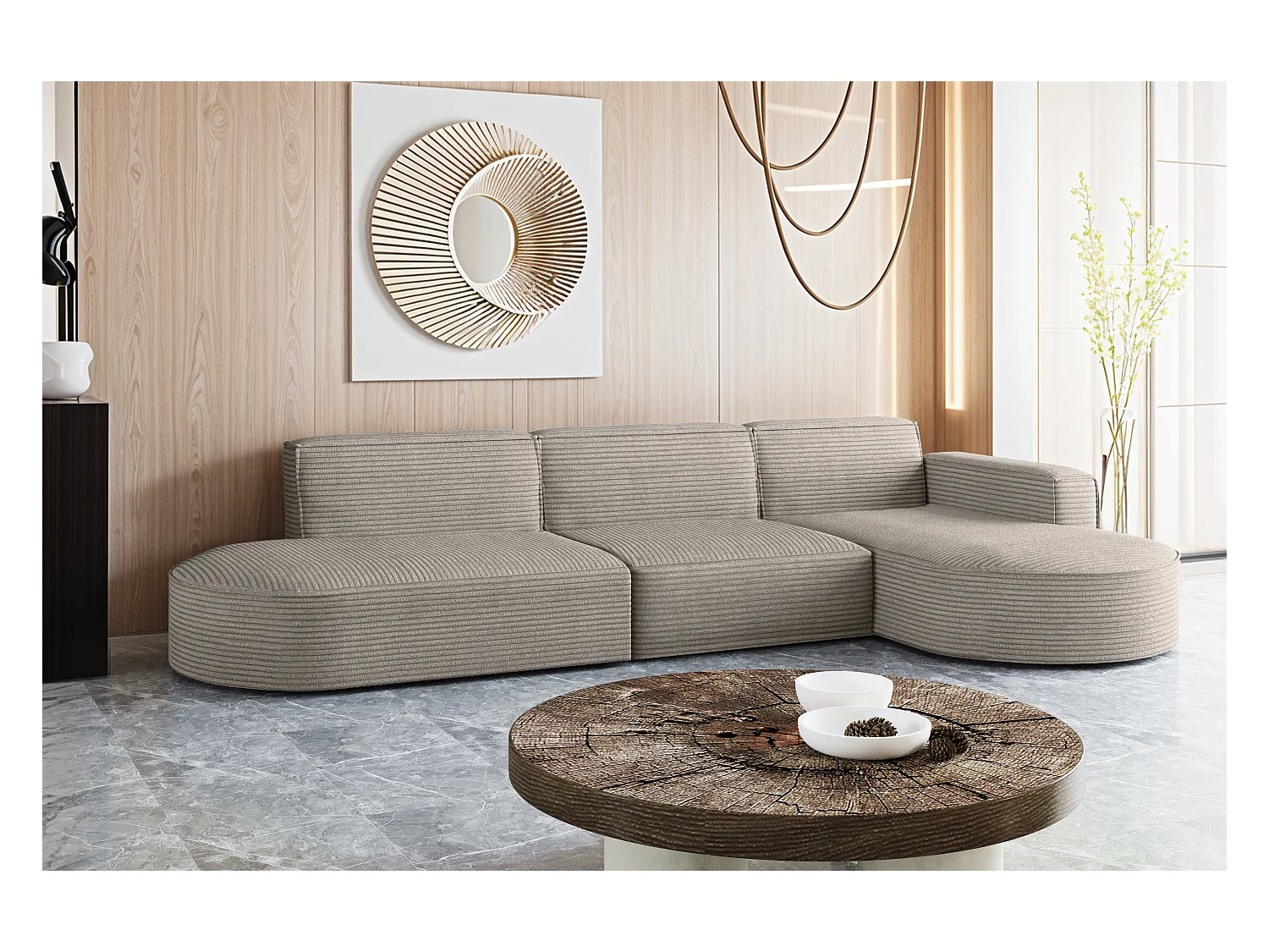 Canapé d'angle Modena en L, tissu Poso, marron clair, droit