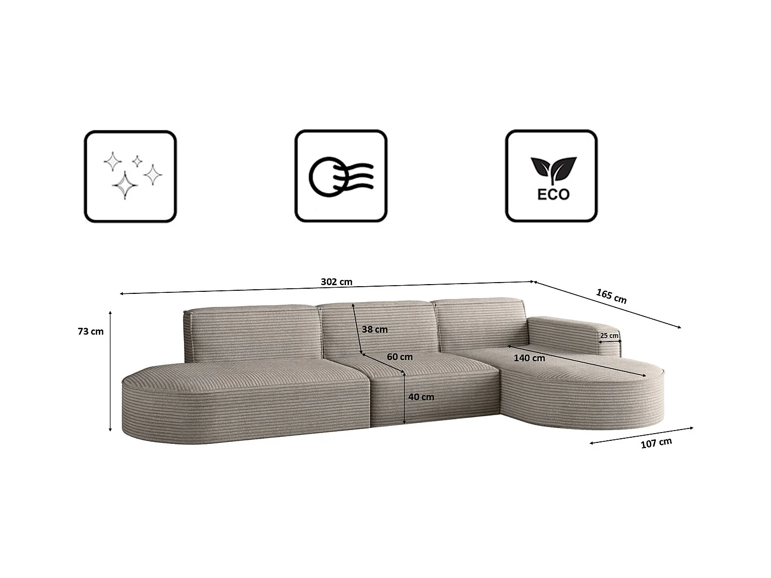 Canapé d'angle Modena en L, tissu Poso, marron clair, droit