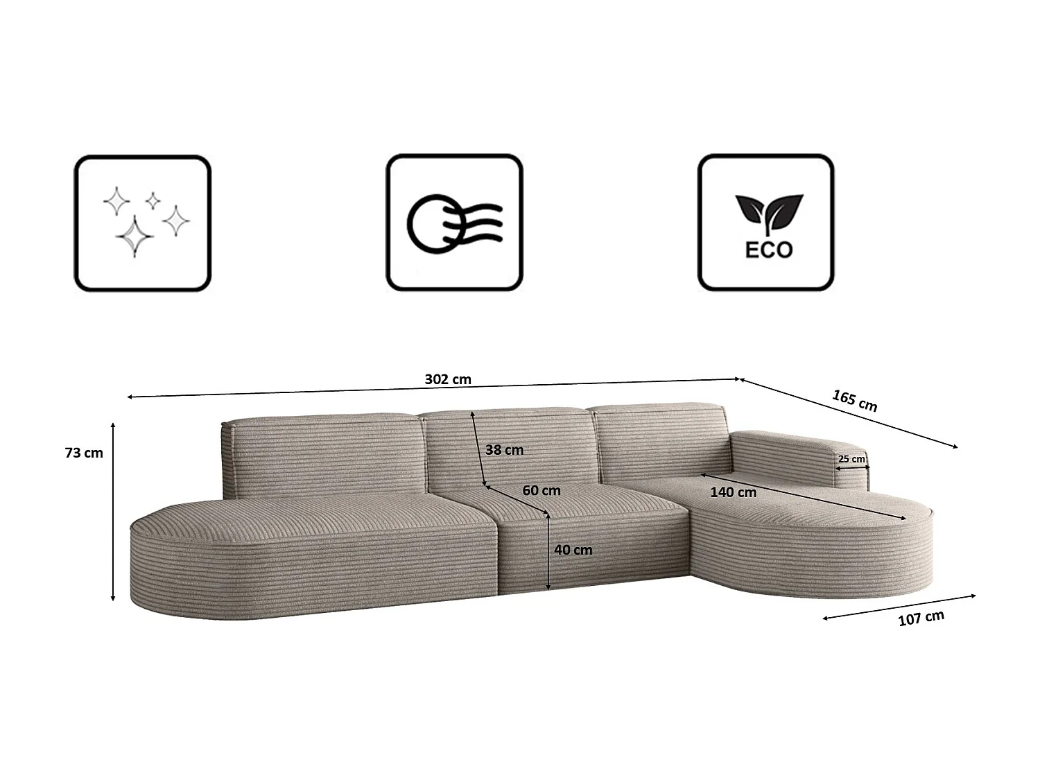 Canapé d'angle Modena en L, tissu Poso, marron clair, droit