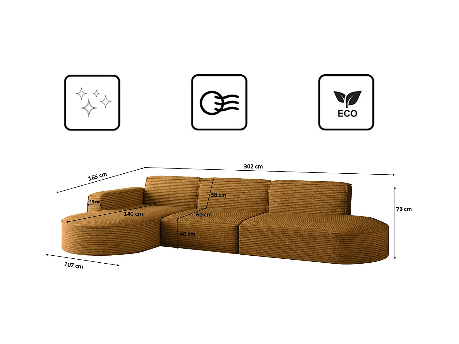 Canapé d'angle Modena en L, tissu Poso, couleur moutarde, gauche