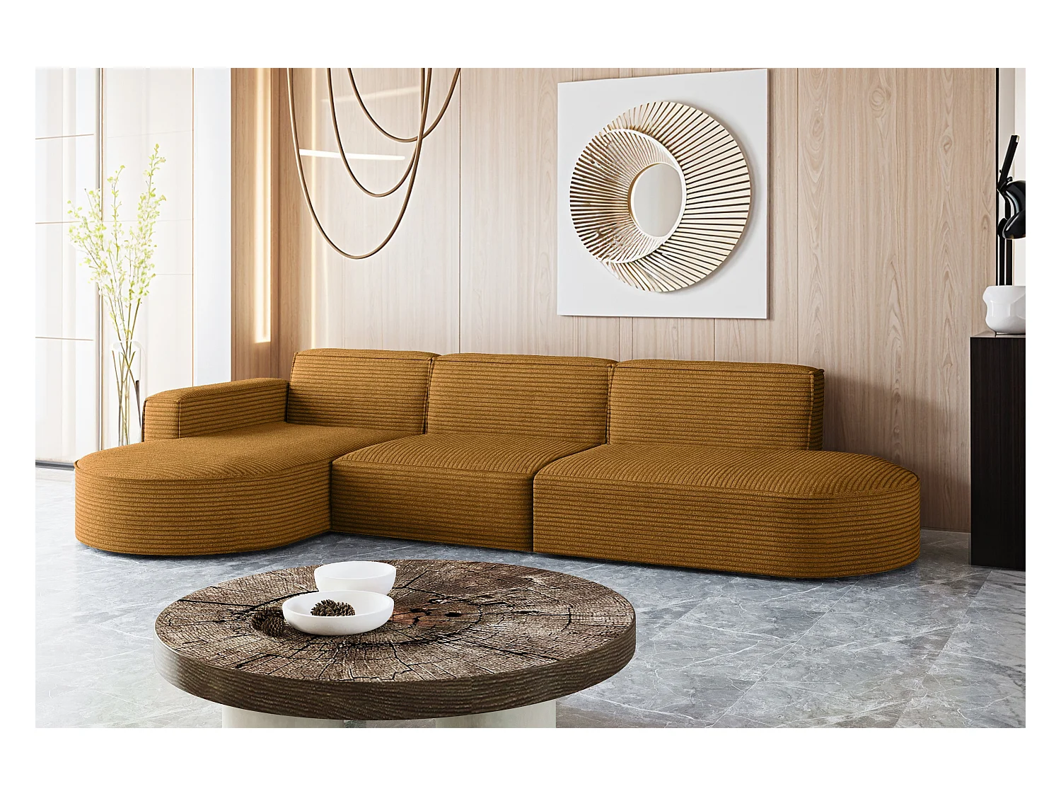 Hoekbank, Modena L-vorm, Poso stof, mosterdkleur, links