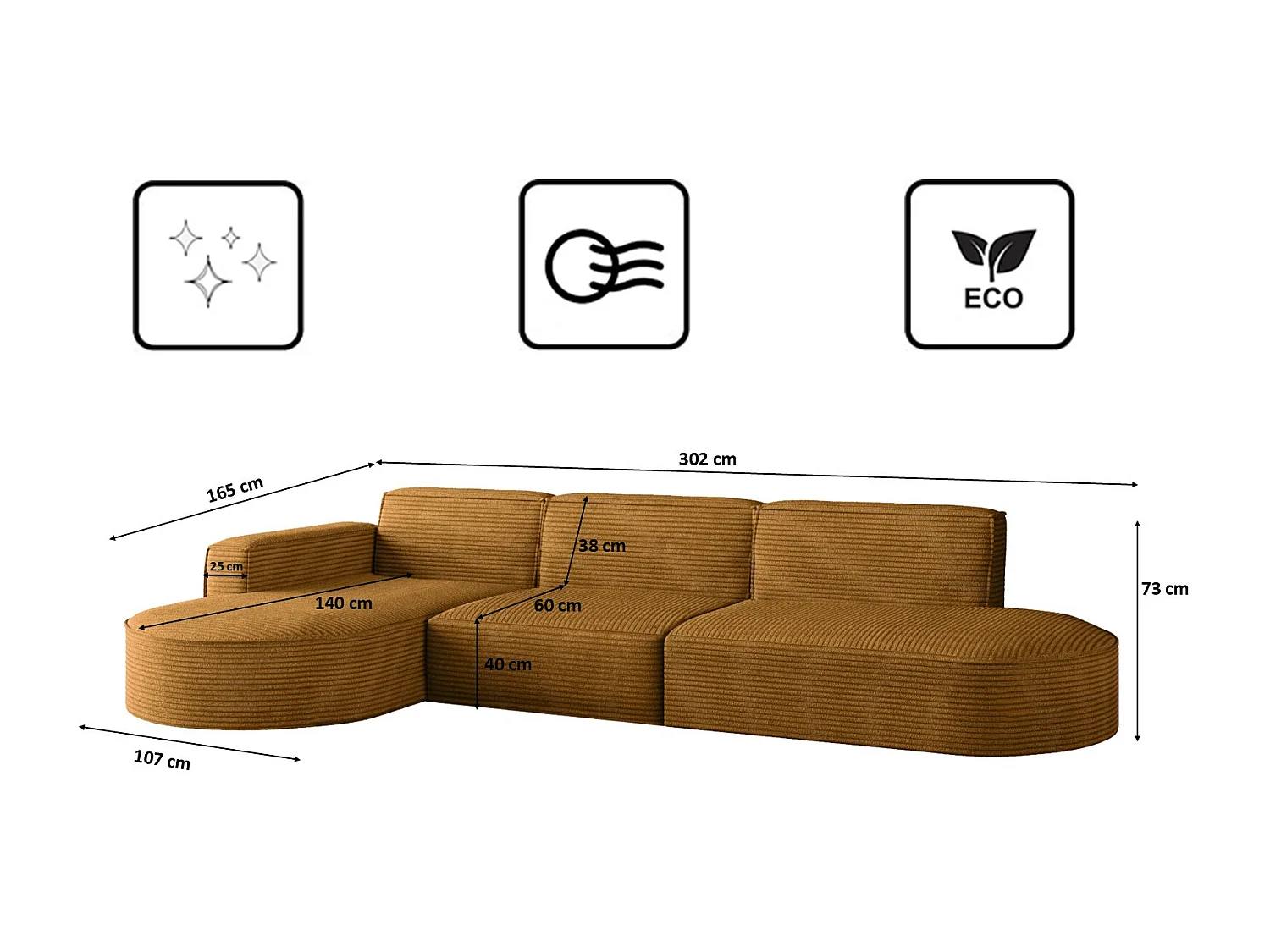 Canapé d'angle Modena en L, tissu Poso, couleur moutarde, gauche