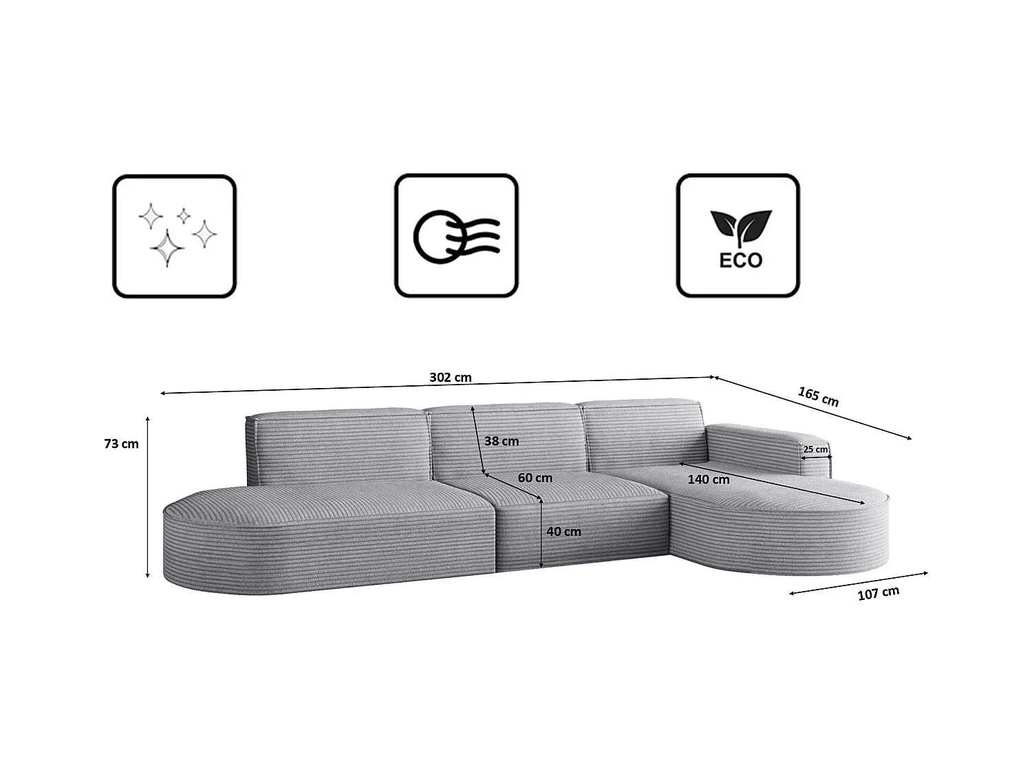 Canapé d'angle Modena en L, tissu Poso, gris clair, droit