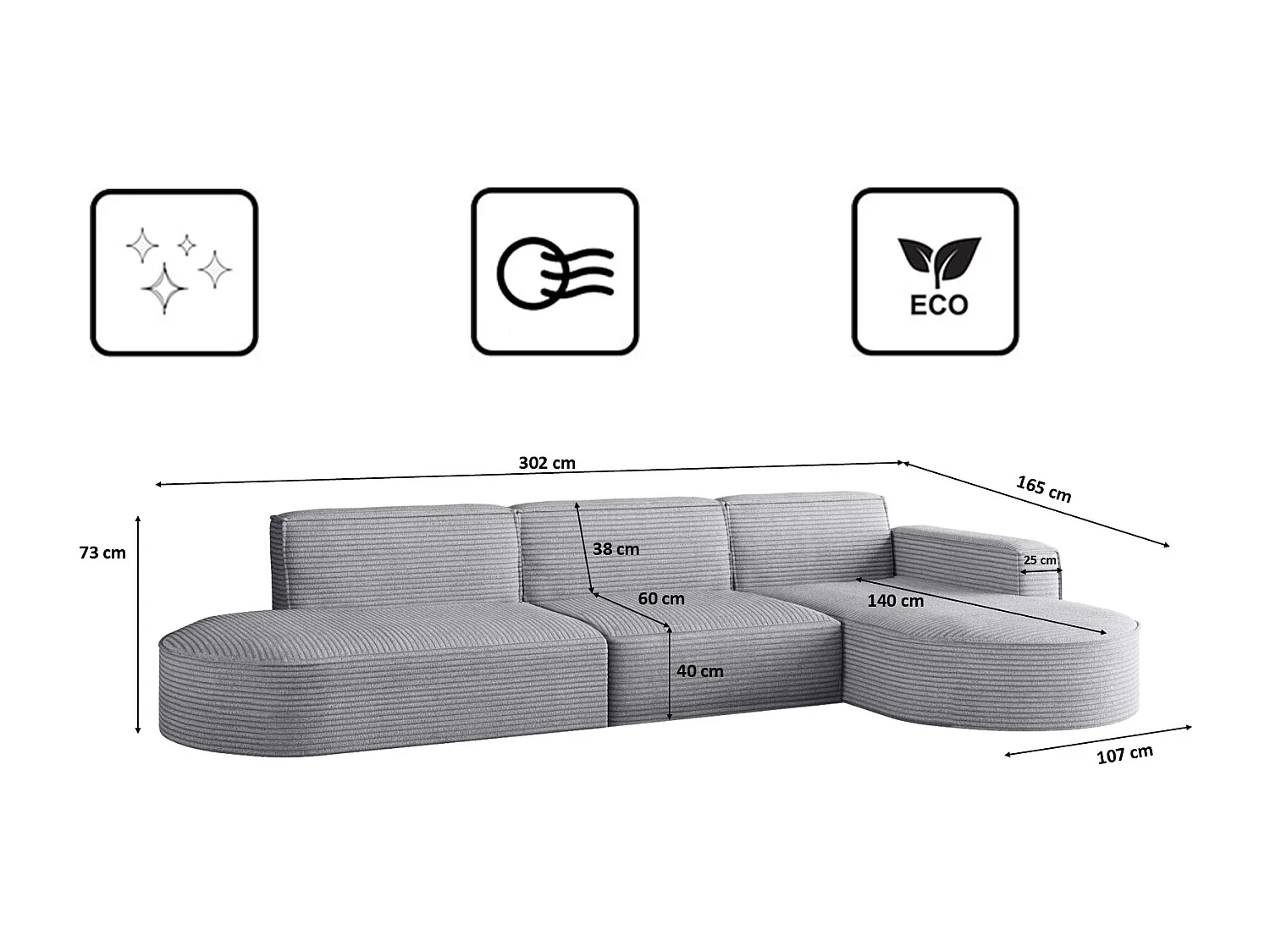 Canapé d'angle Modena en L, tissu Poso, gris clair, droit