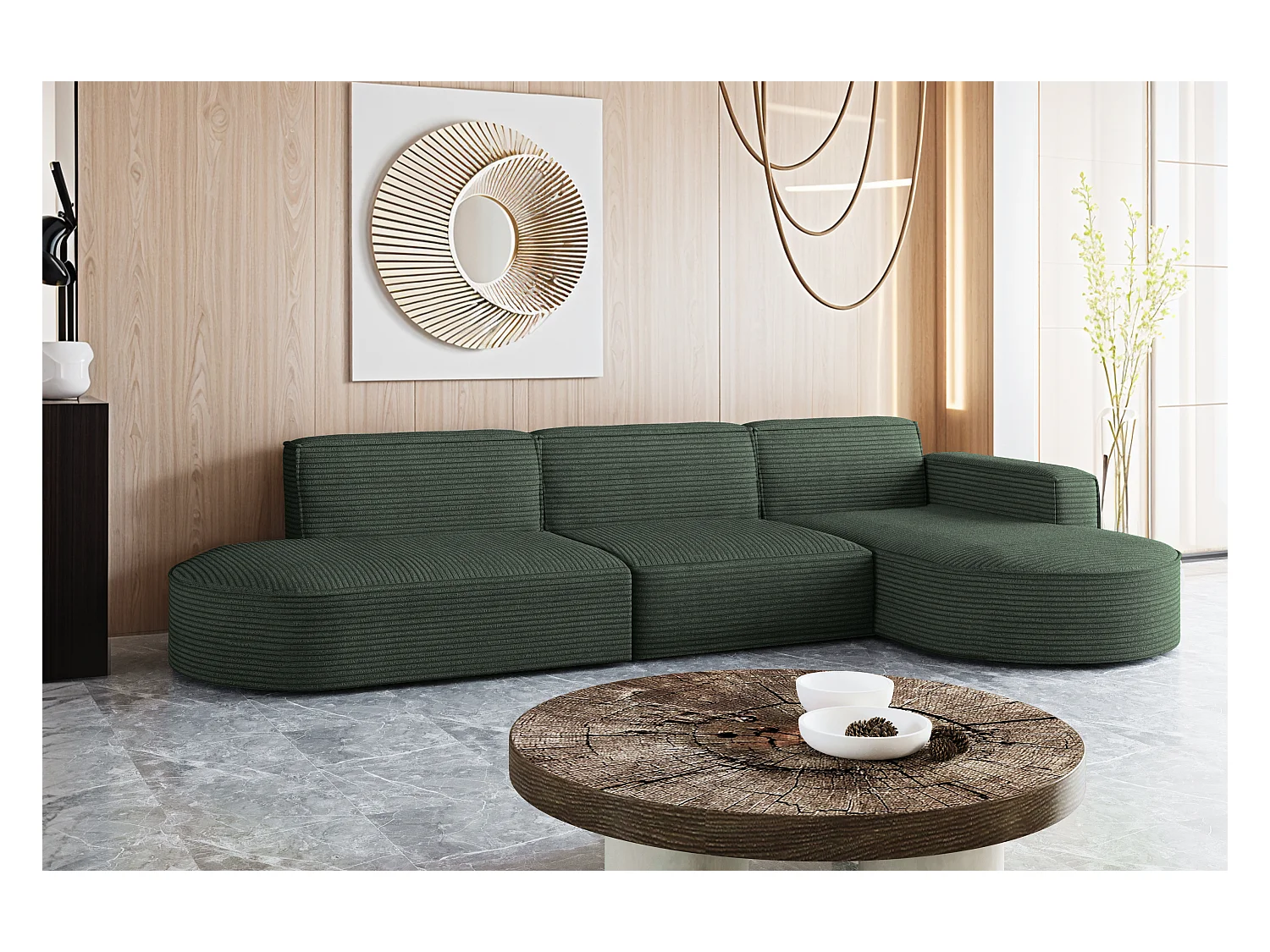 Canapé d'angle Modena en L, tissu Poso, vert, droit