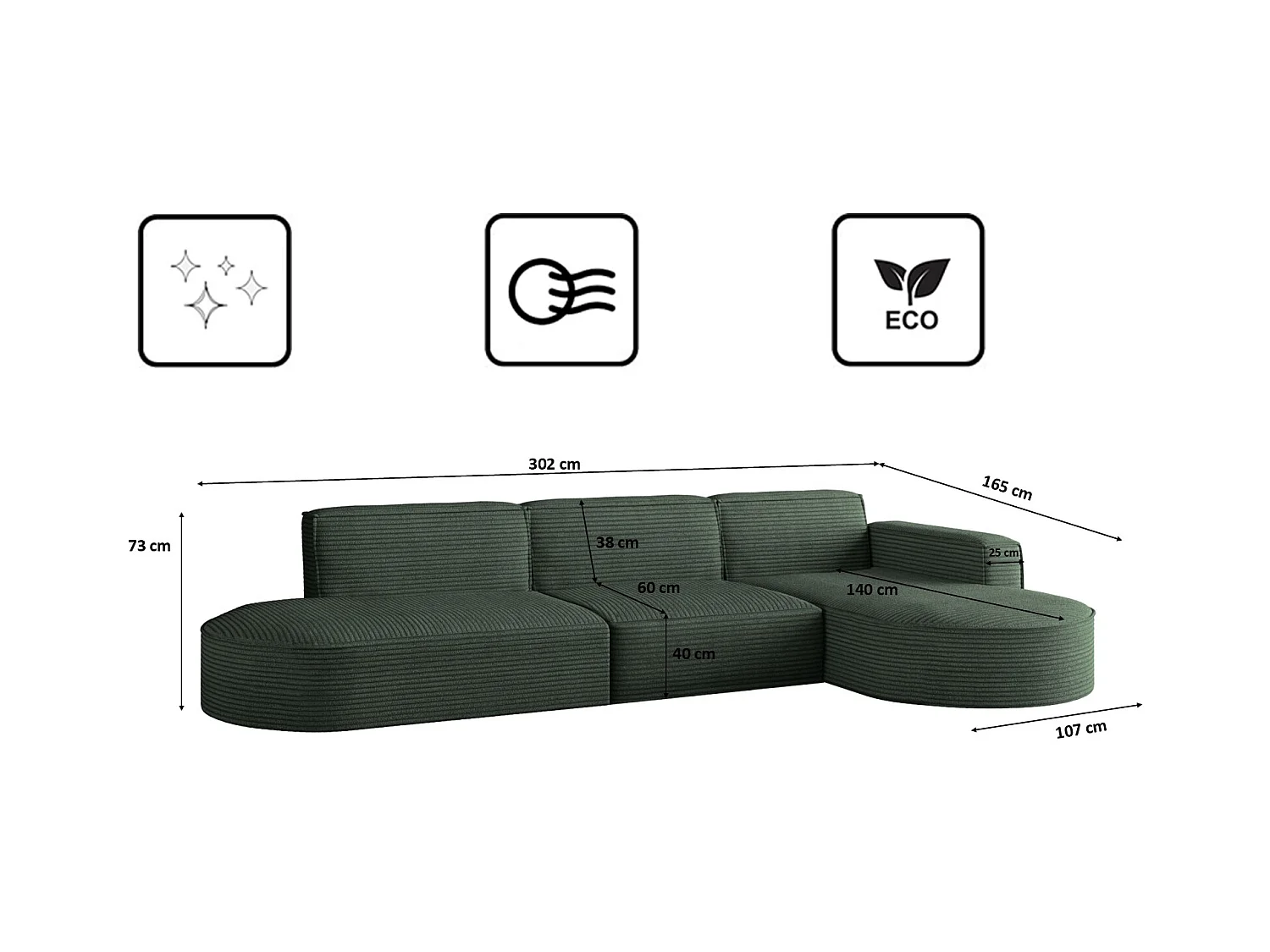 Canapé d'angle Modena en L, tissu Poso, vert, droit