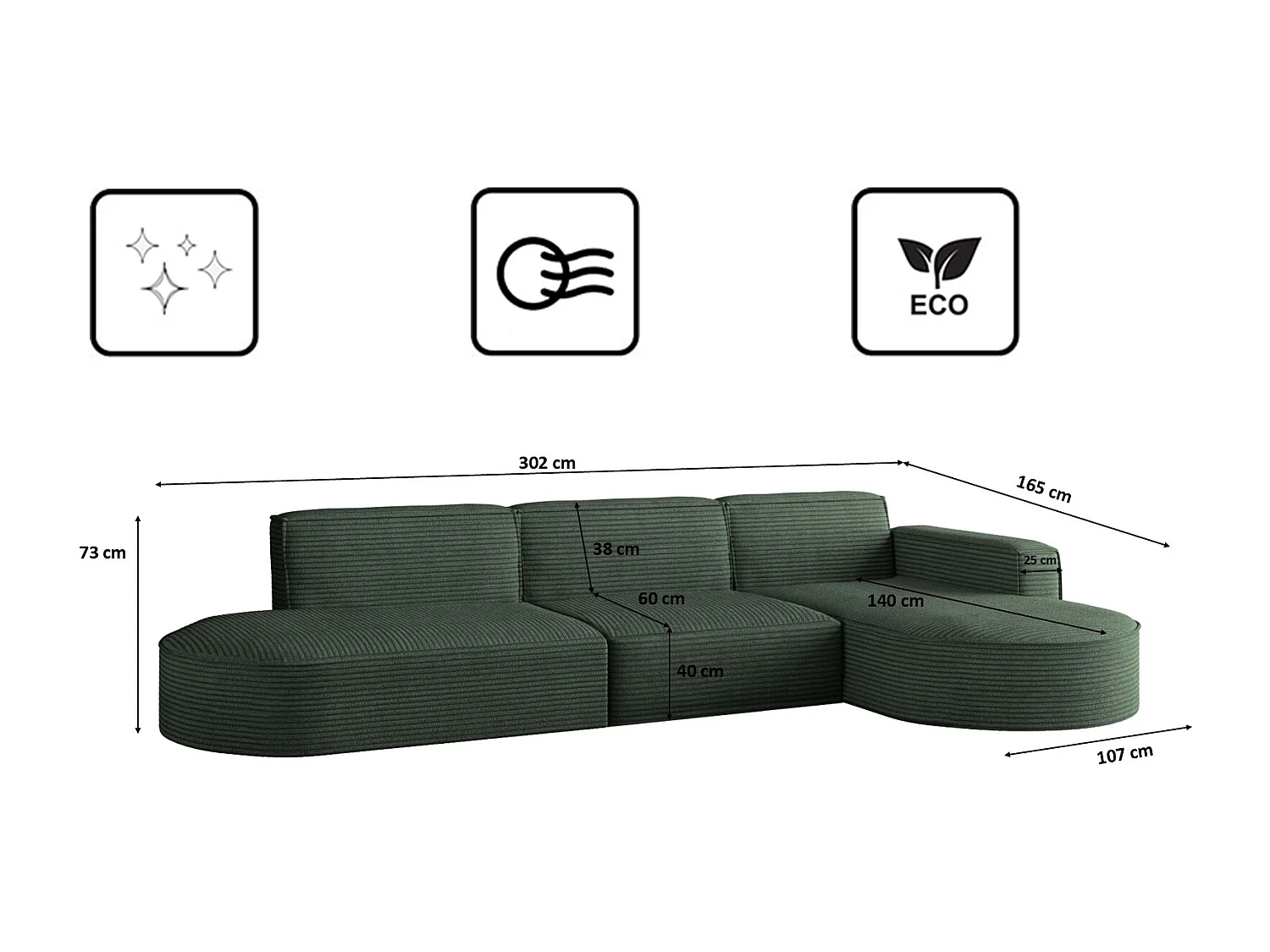 Canapé d'angle Modena en L, tissu Poso, vert, droit