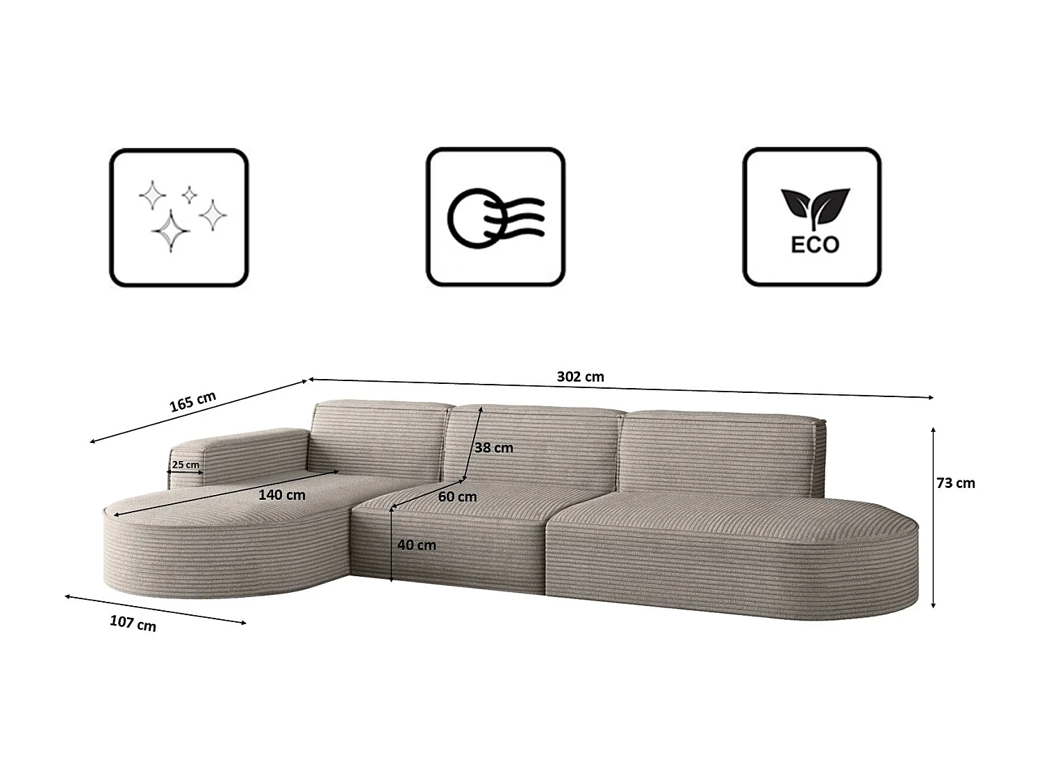 Canapé d'angle Modena en L, tissu Poso, marron clair, gauche