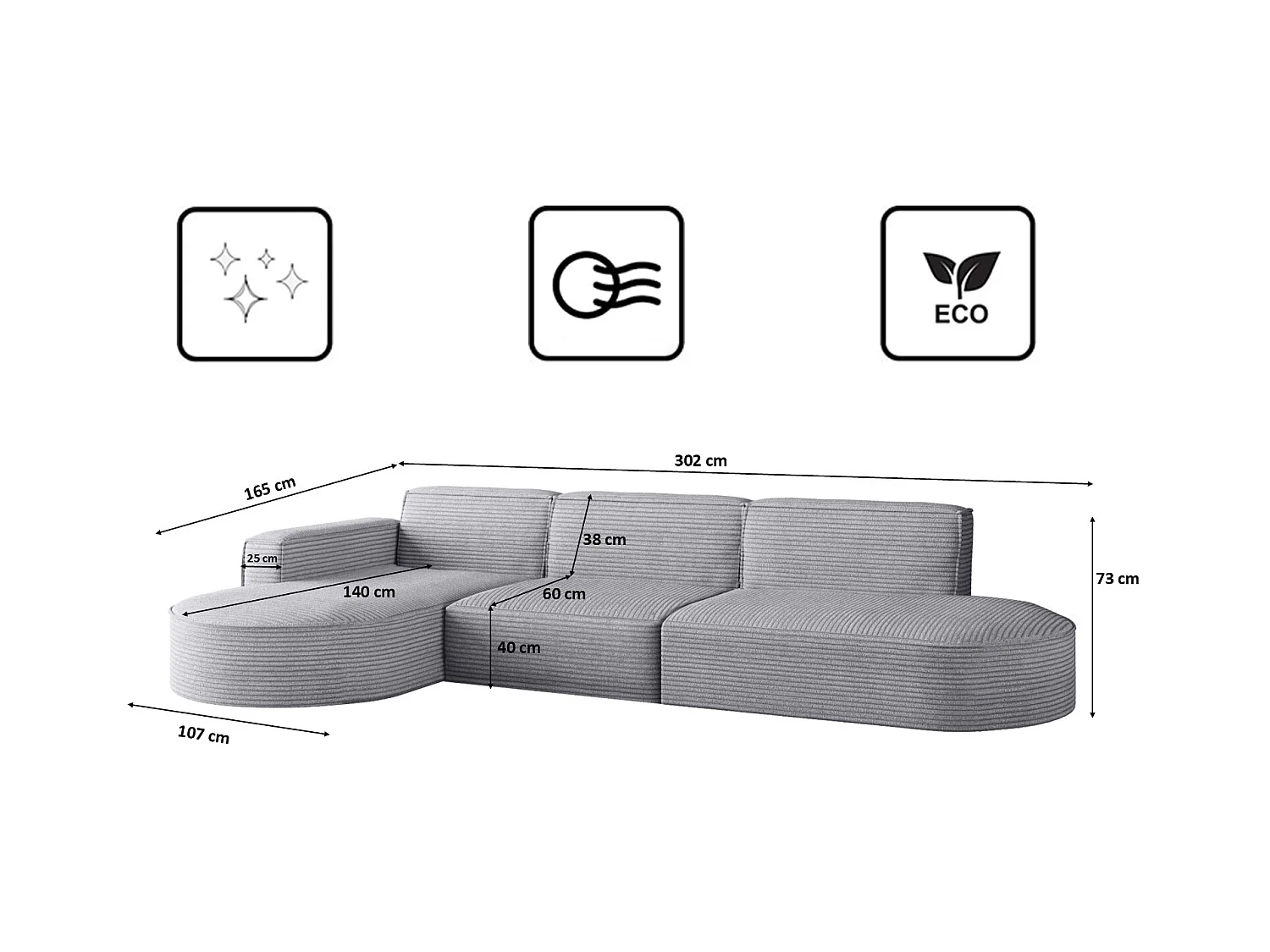 Canapé d'angle Modena en L, tissu Poso, gris clair, gauche