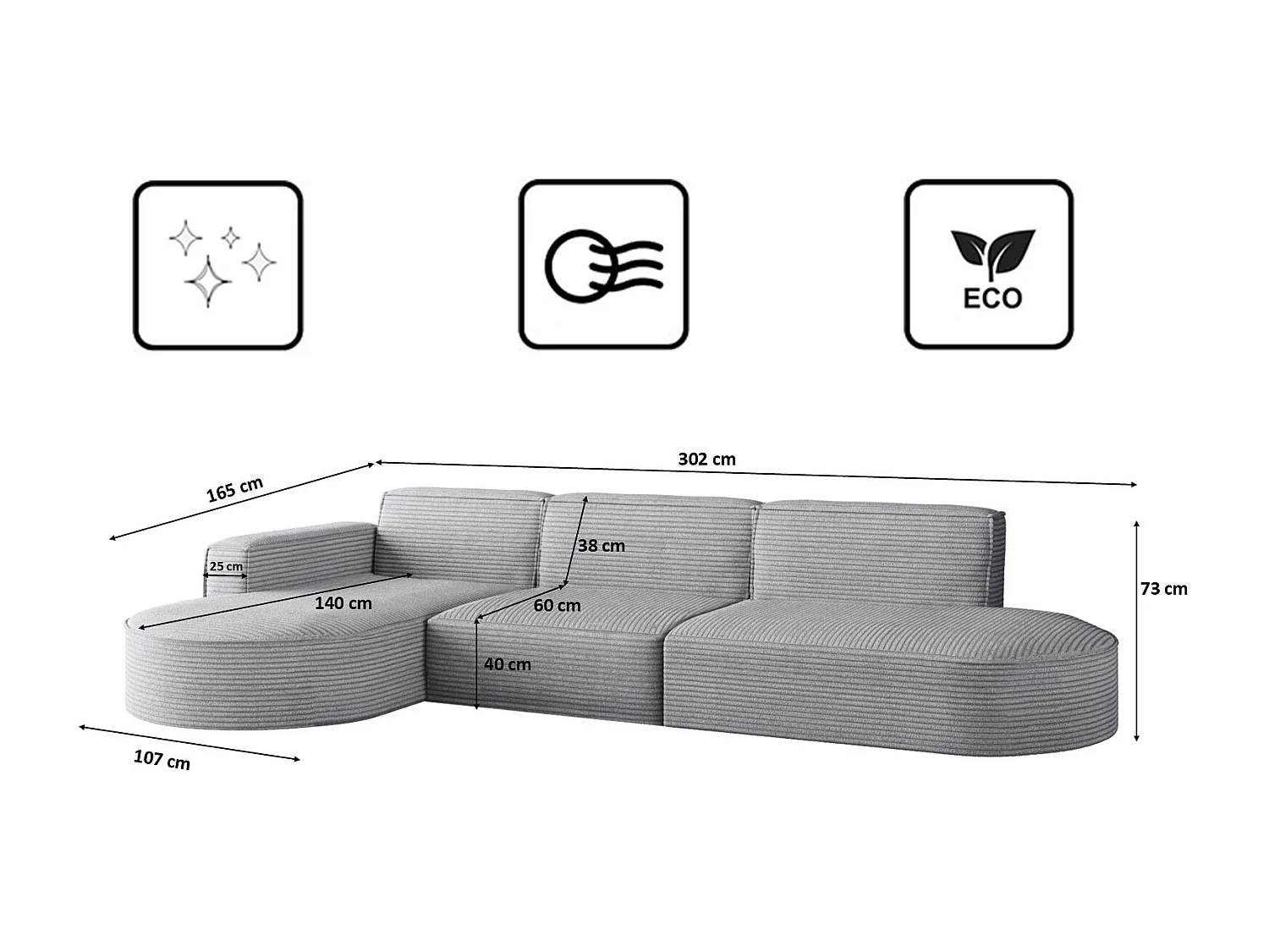 Canapé d'angle Modena en L, tissu Poso, gris clair, gauche