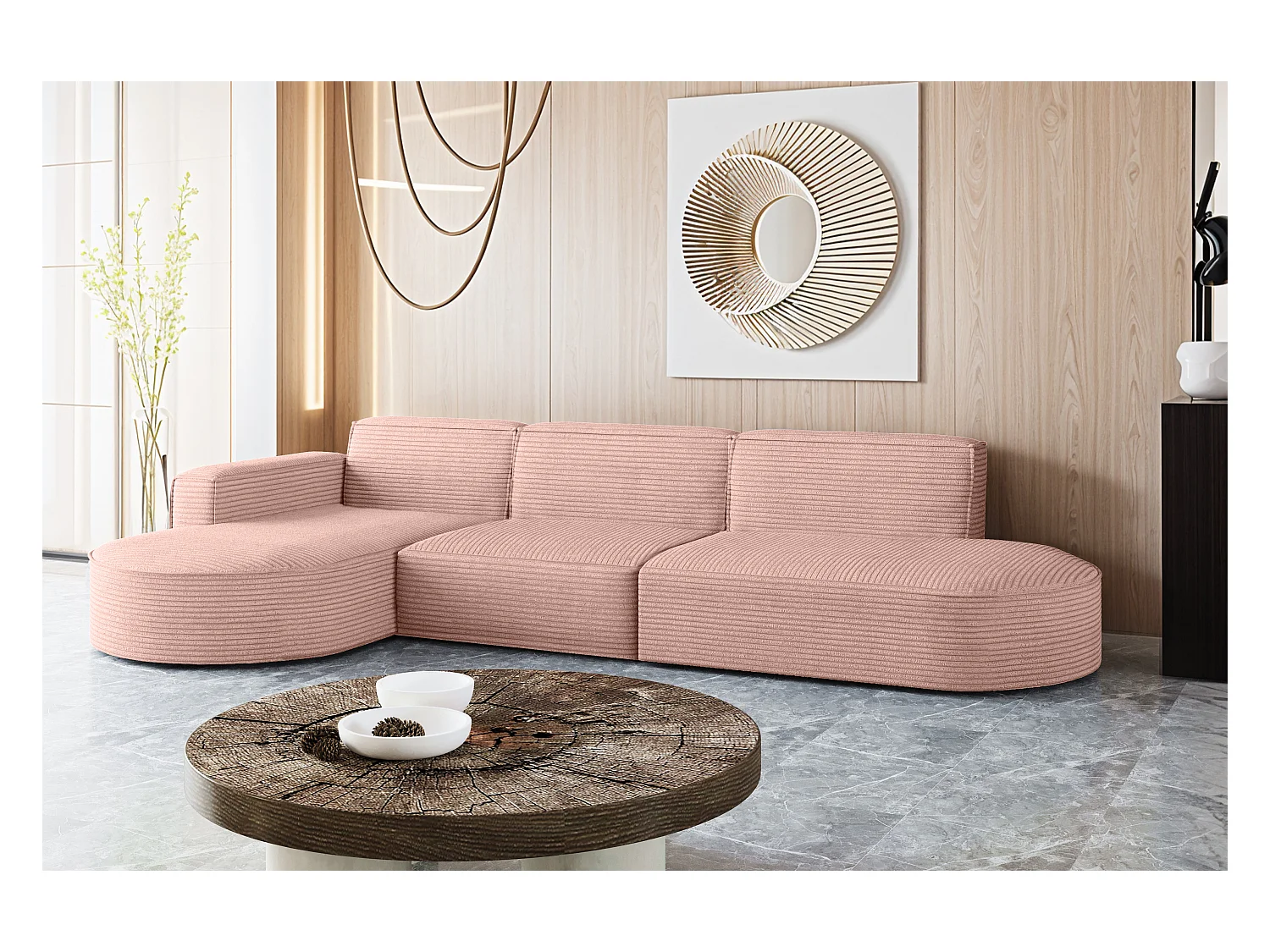 Canapé d'angle Modena en L, tissu Poso, rose, gauche