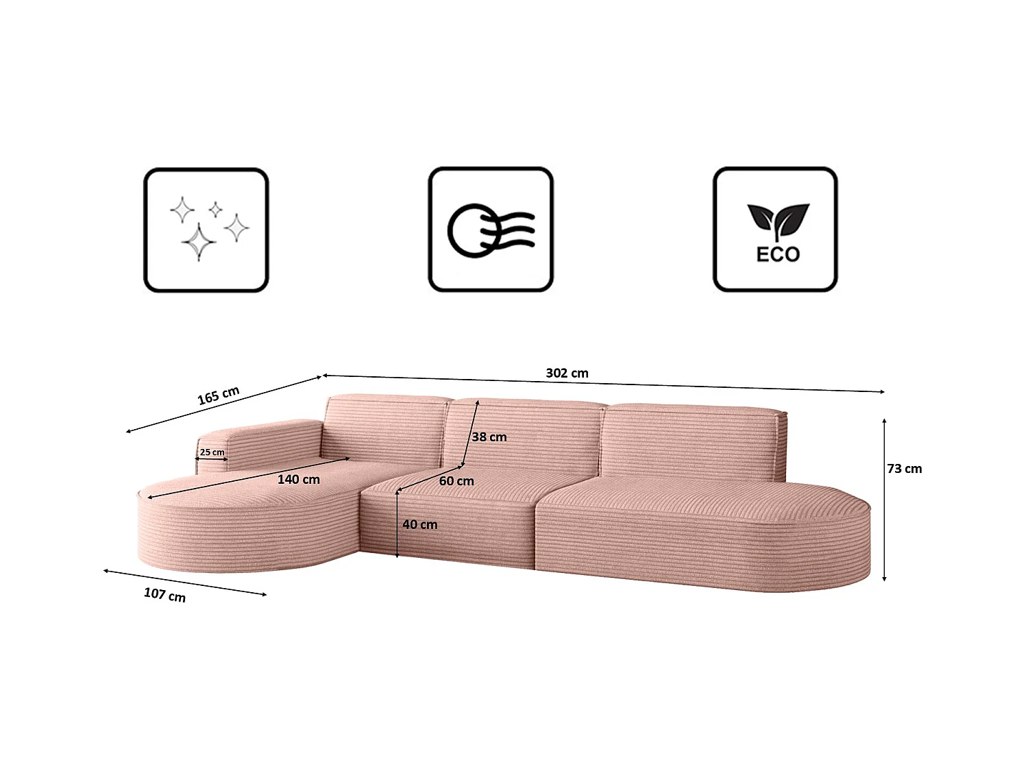 Canapé d'angle Modena en L, tissu Poso, rose, gauche