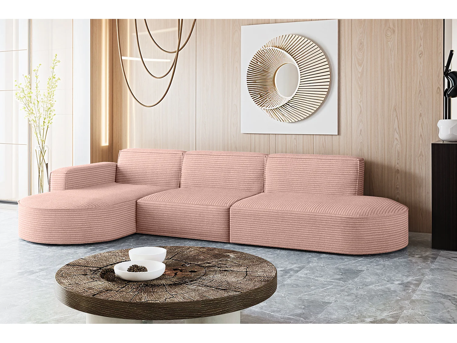 Canapé d'angle Modena en L, tissu Poso, rose, gauche