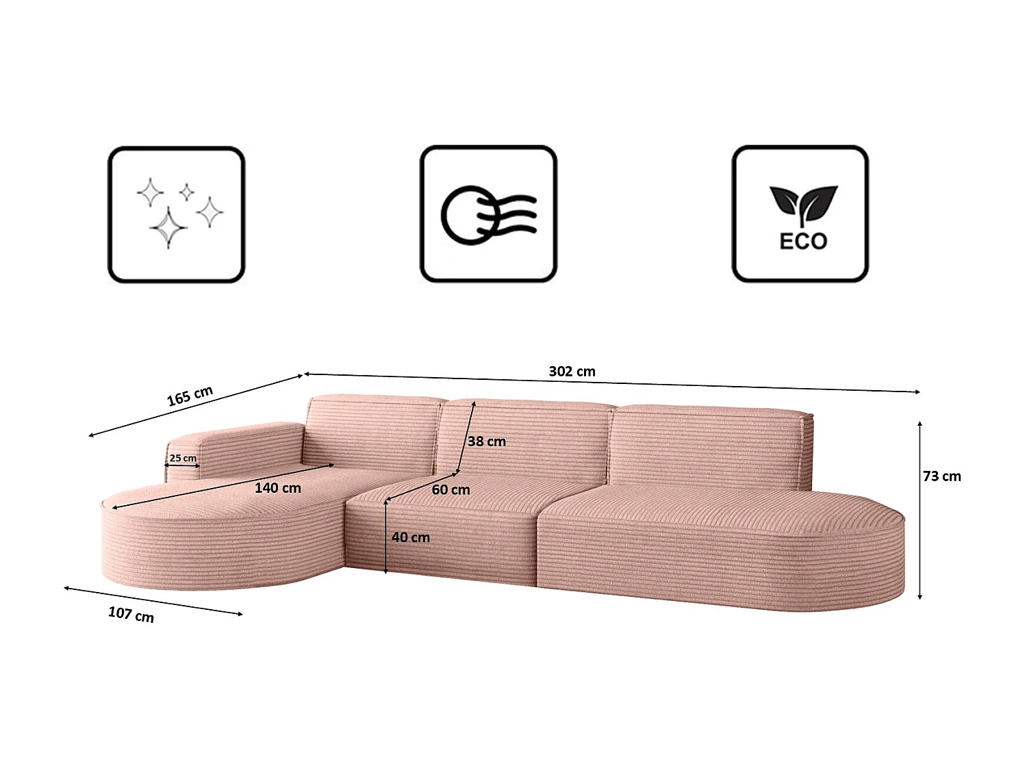 Canapé d'angle Modena en L, tissu Poso, rose, gauche